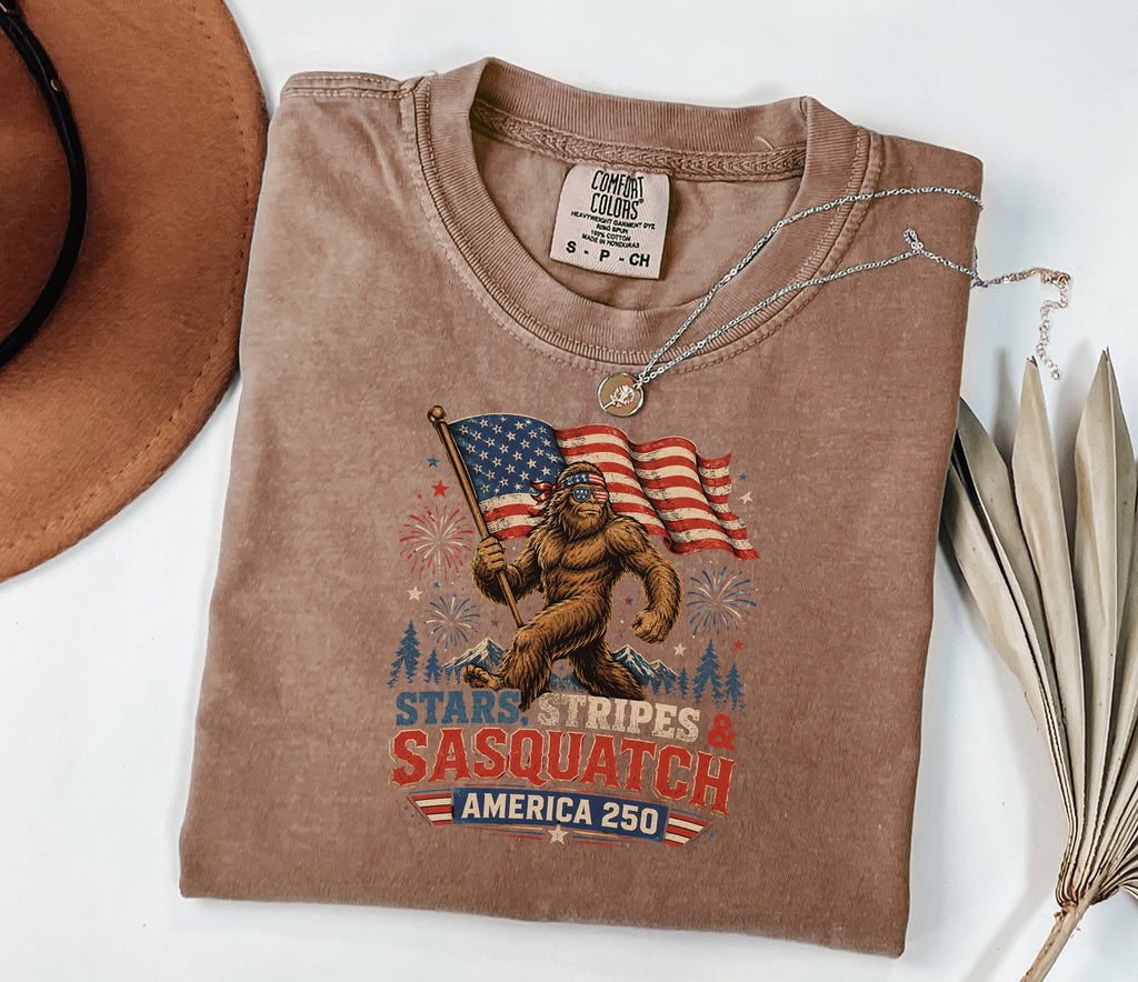 Stars, Stripes & Sasquatch T-Shirt, Patriotic America 250 Bigfoot Graphic Tee