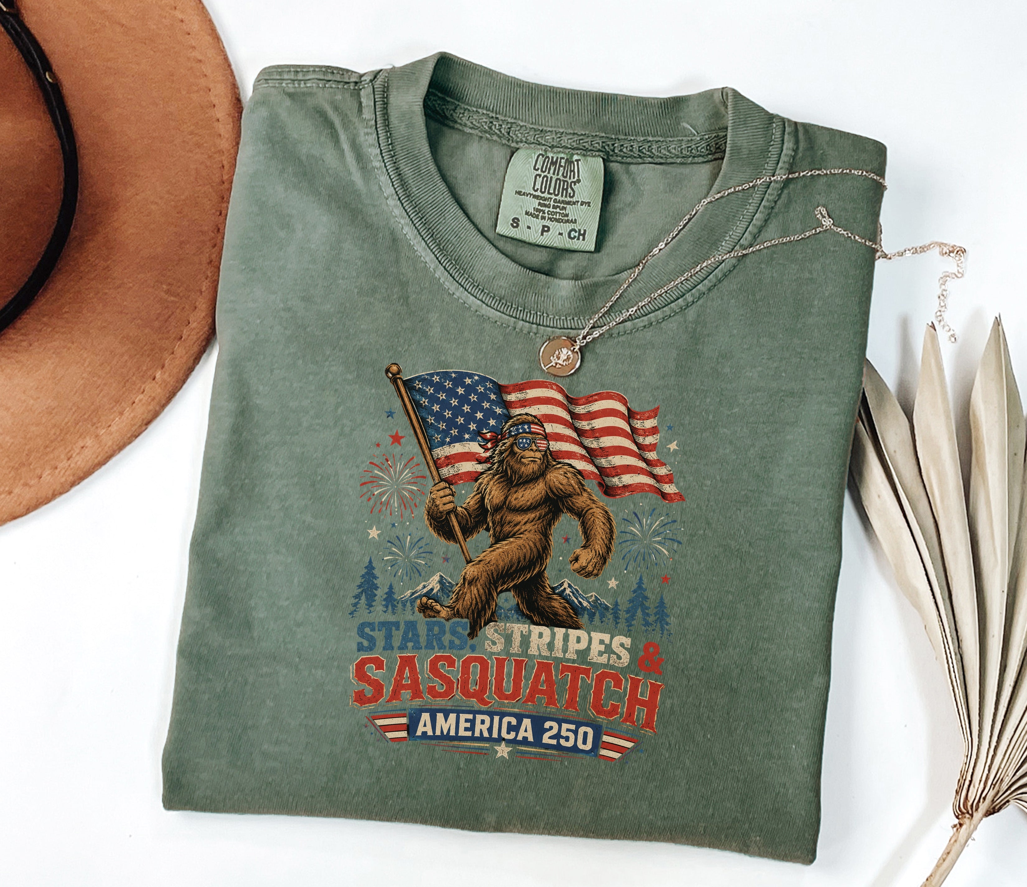 Stars, Stripes & Sasquatch T-Shirt, Patriotic America 250 Bigfoot Graphic Tee