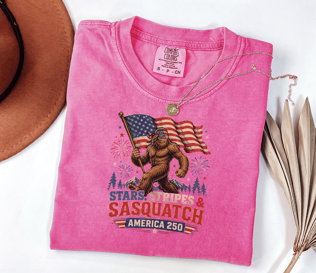 Stars, Stripes & Sasquatch T-Shirt, Patriotic America 250 Bigfoot Graphic Tee