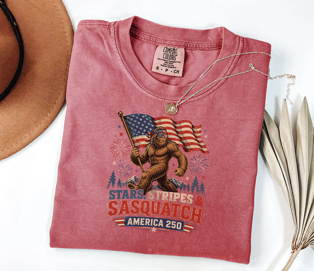 Stars, Stripes & Sasquatch T-Shirt, Patriotic America 250 Bigfoot Graphic Tee