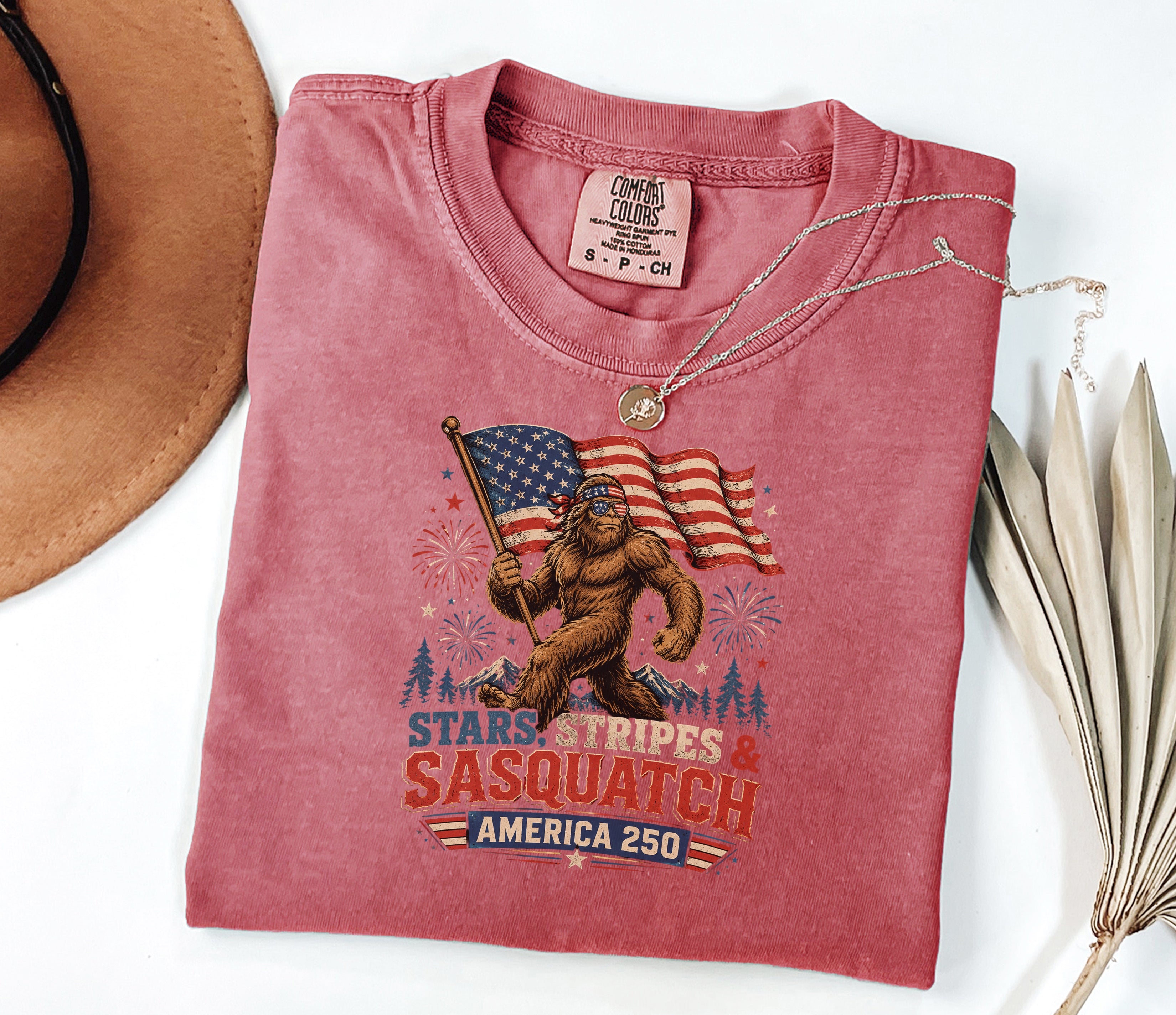 Stars, Stripes & Sasquatch T-Shirt, Patriotic America 250 Bigfoot Graphic Tee