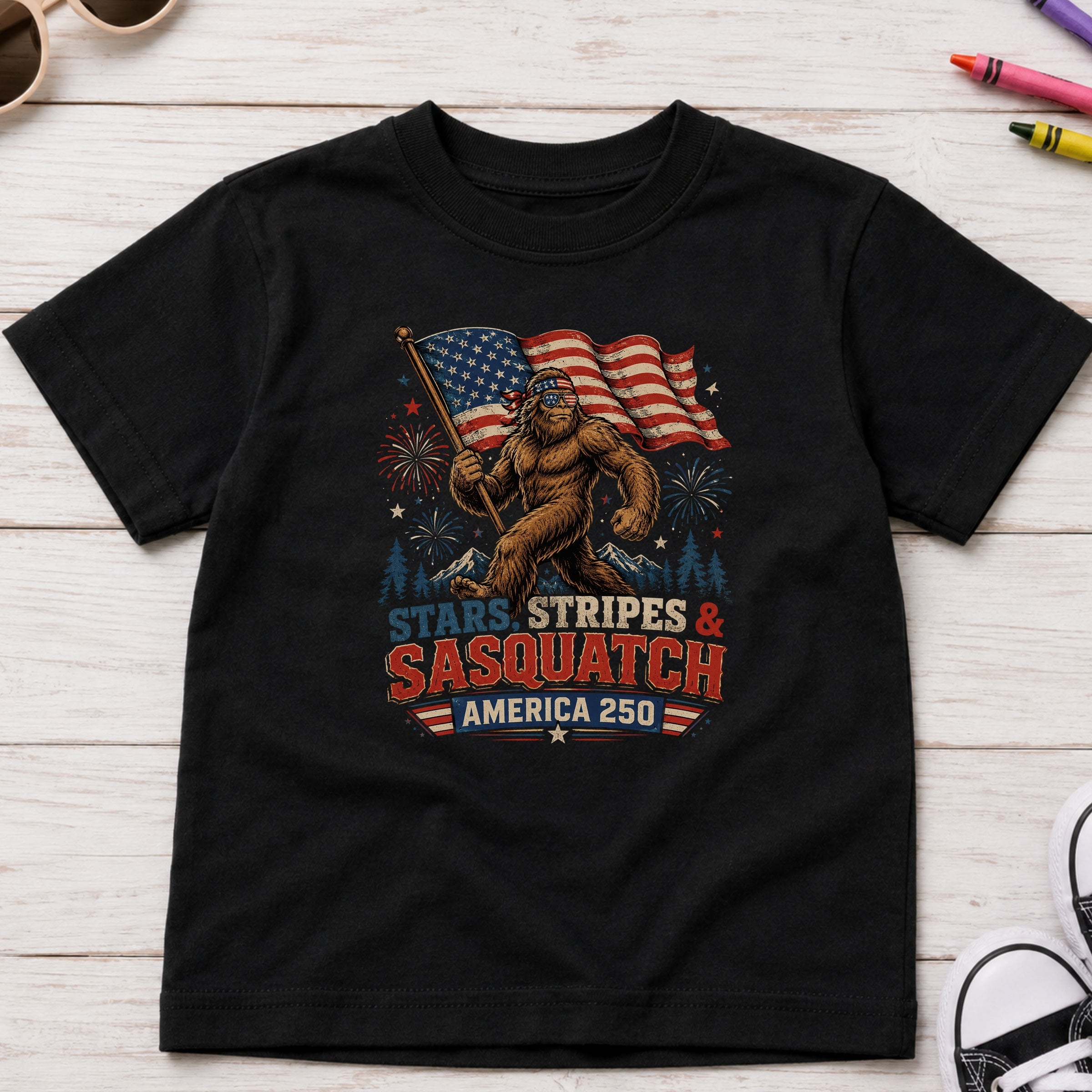 Stars, Stripes & Sasquatch T-Shirt, Patriotic America 250 Bigfoot Youth Tee