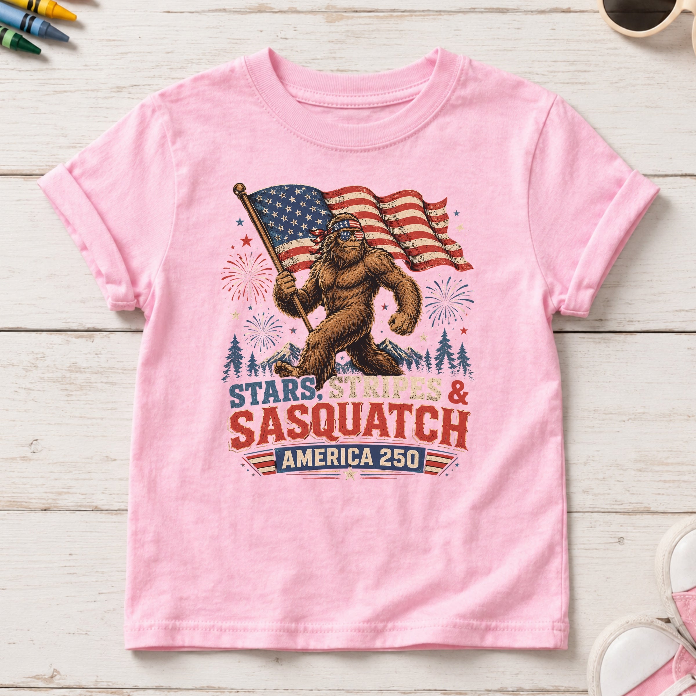 Stars, Stripes & Sasquatch T-Shirt, Patriotic America 250 Bigfoot Youth Tee