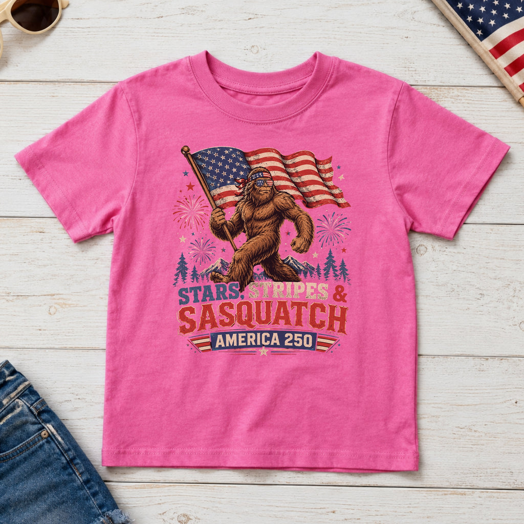Stars, Stripes & Sasquatch T-Shirt, Patriotic America 250 Bigfoot Youth Tee