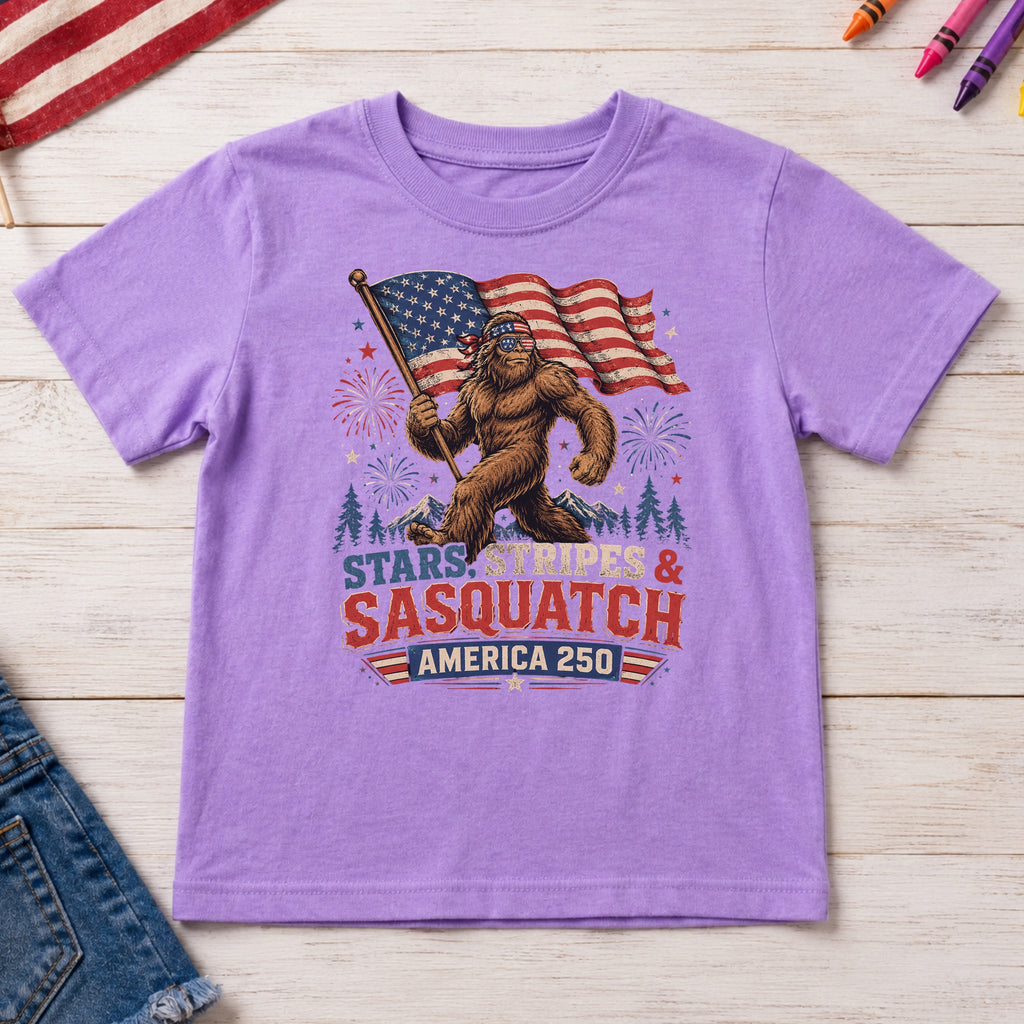 Stars, Stripes & Sasquatch T-Shirt, Patriotic America 250 Bigfoot Youth Tee