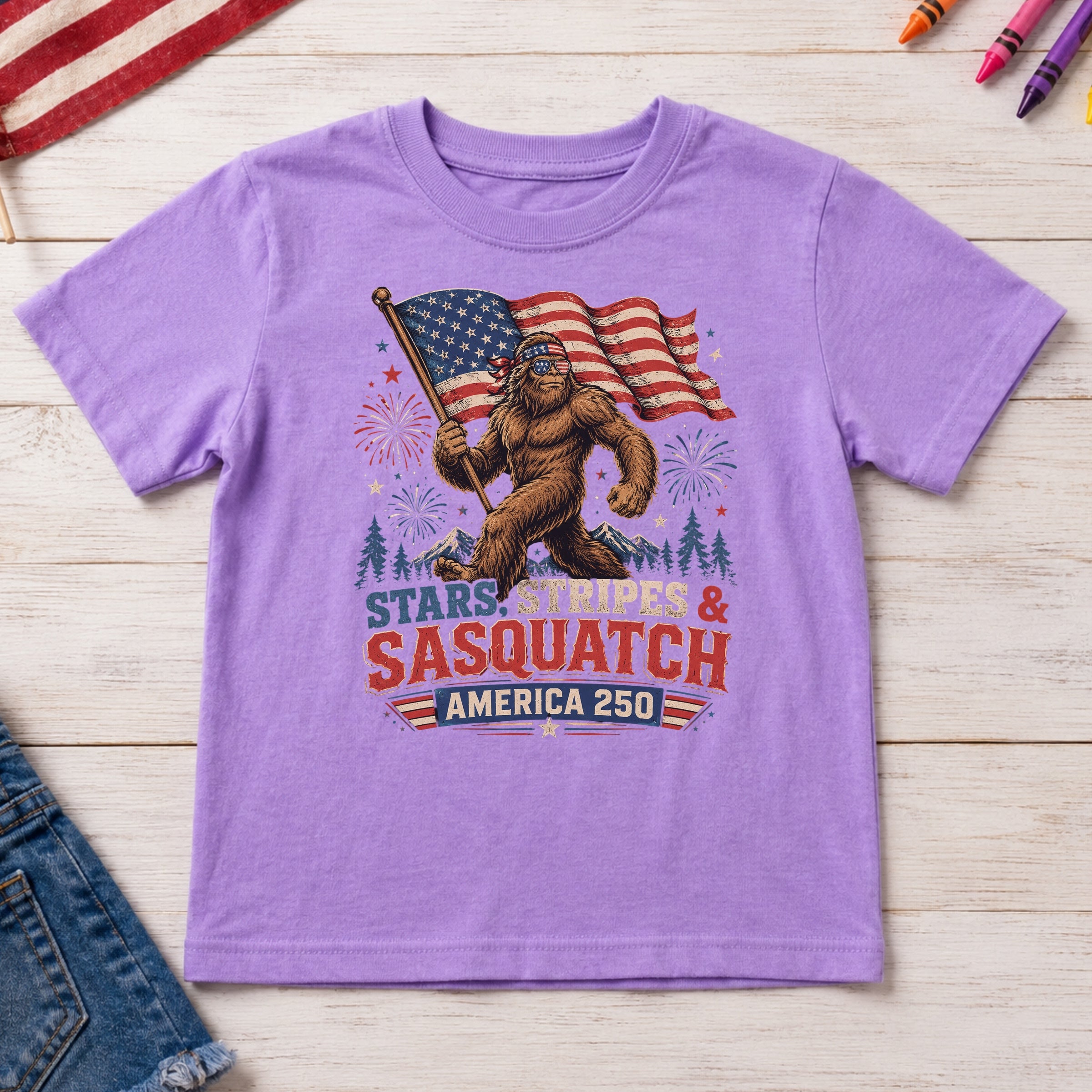 Stars, Stripes & Sasquatch T-Shirt, Patriotic America 250 Bigfoot Youth Tee