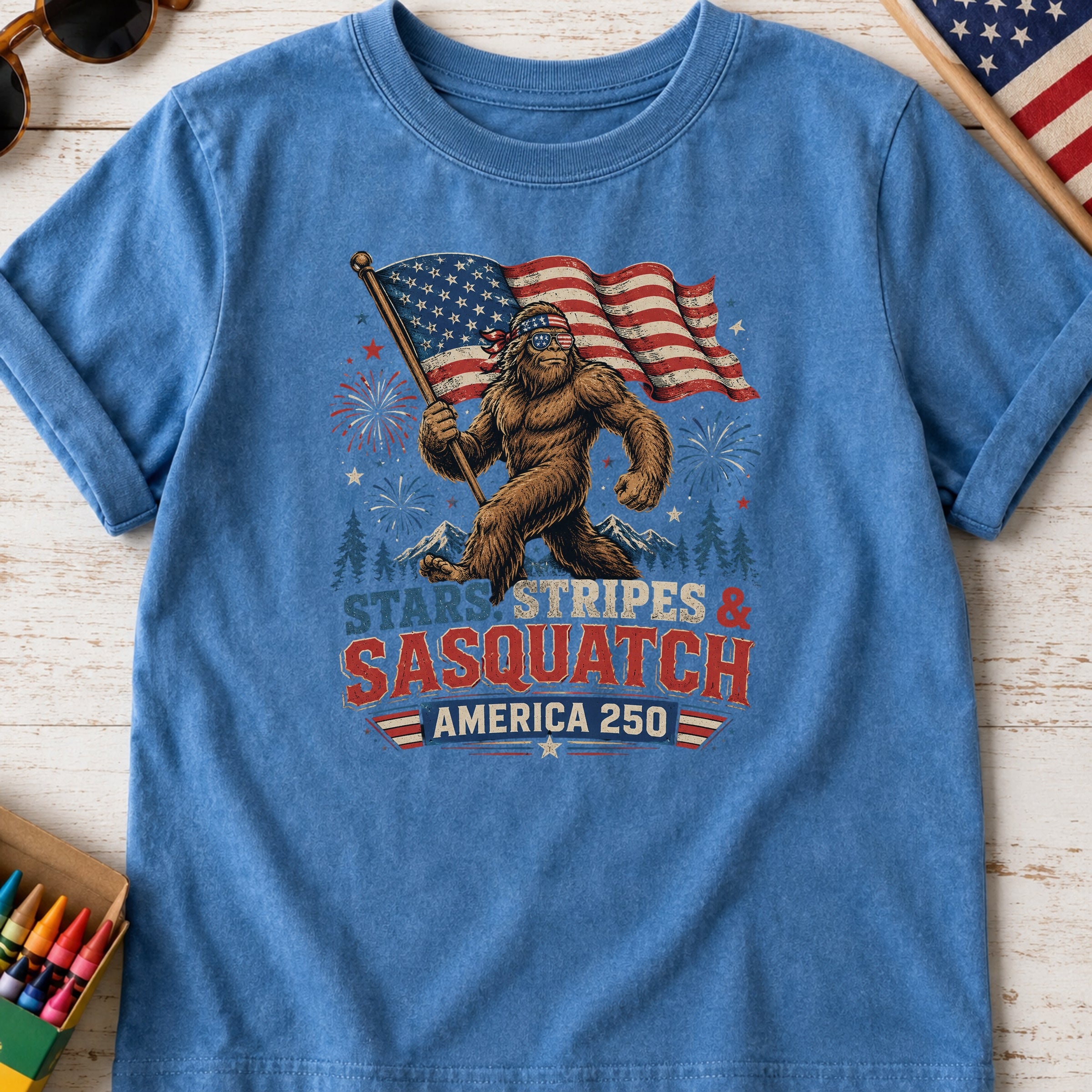 Stars, Stripes & Sasquatch T-Shirt, Patriotic America 250 Bigfoot Youth Tee