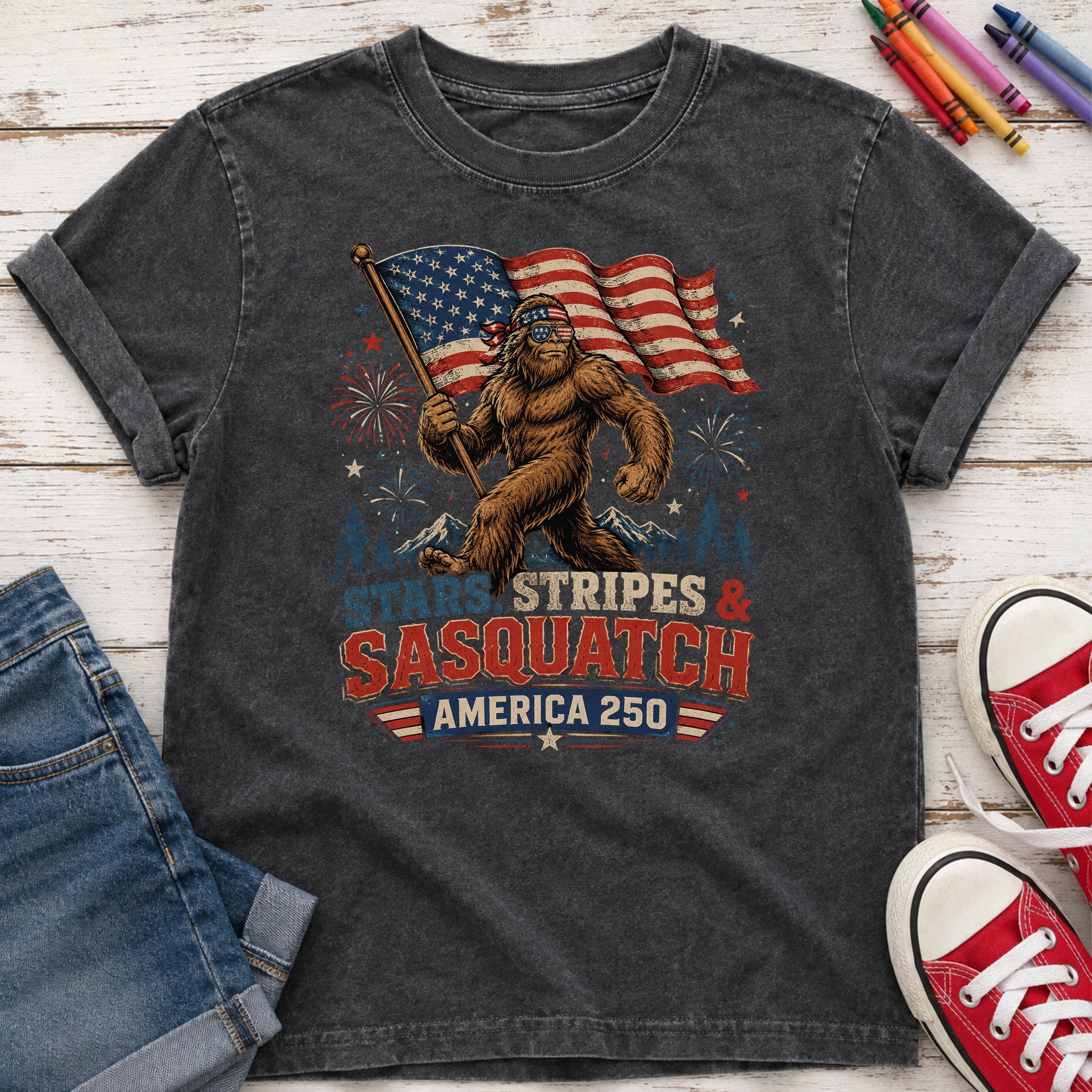 Stars, Stripes & Sasquatch T-Shirt, Patriotic America 250 Bigfoot Youth Tee