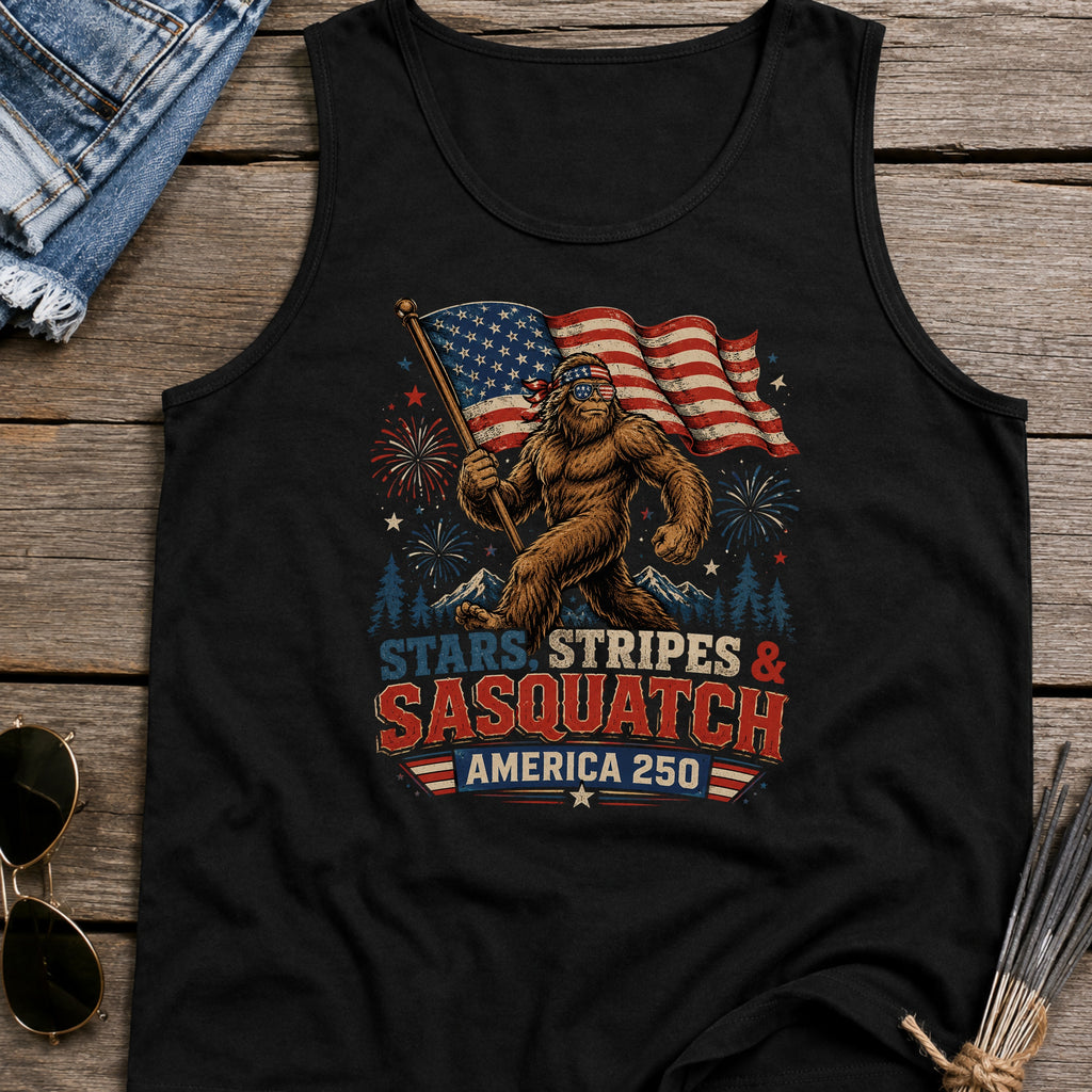 Stars, Stripes & Sasquatch T-Shirt, Patriotic America 250 Bigfoot Tank Top