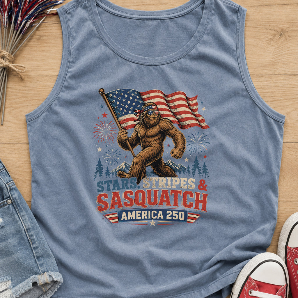 Stars, Stripes & Sasquatch T-Shirt, Patriotic America 250 Bigfoot Tank Top