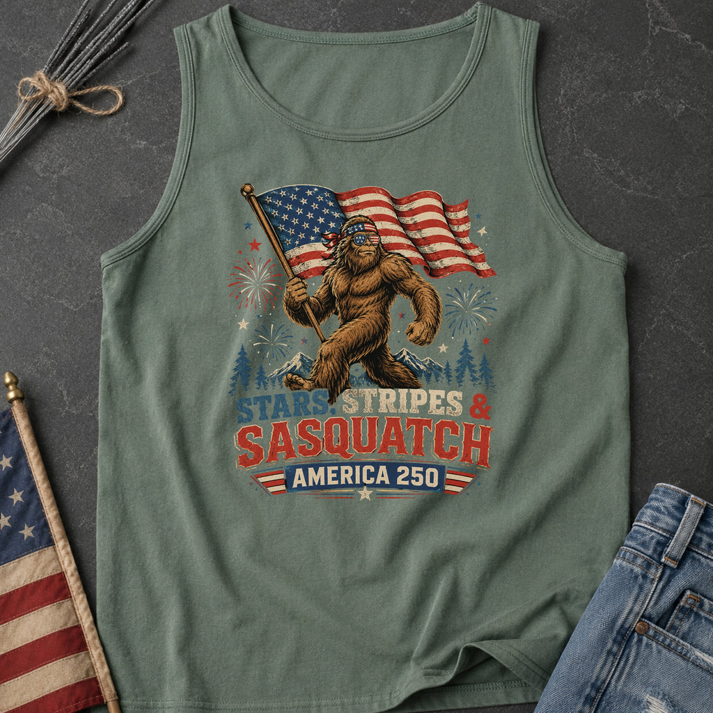 Stars, Stripes & Sasquatch T-Shirt, Patriotic America 250 Bigfoot Tank Top