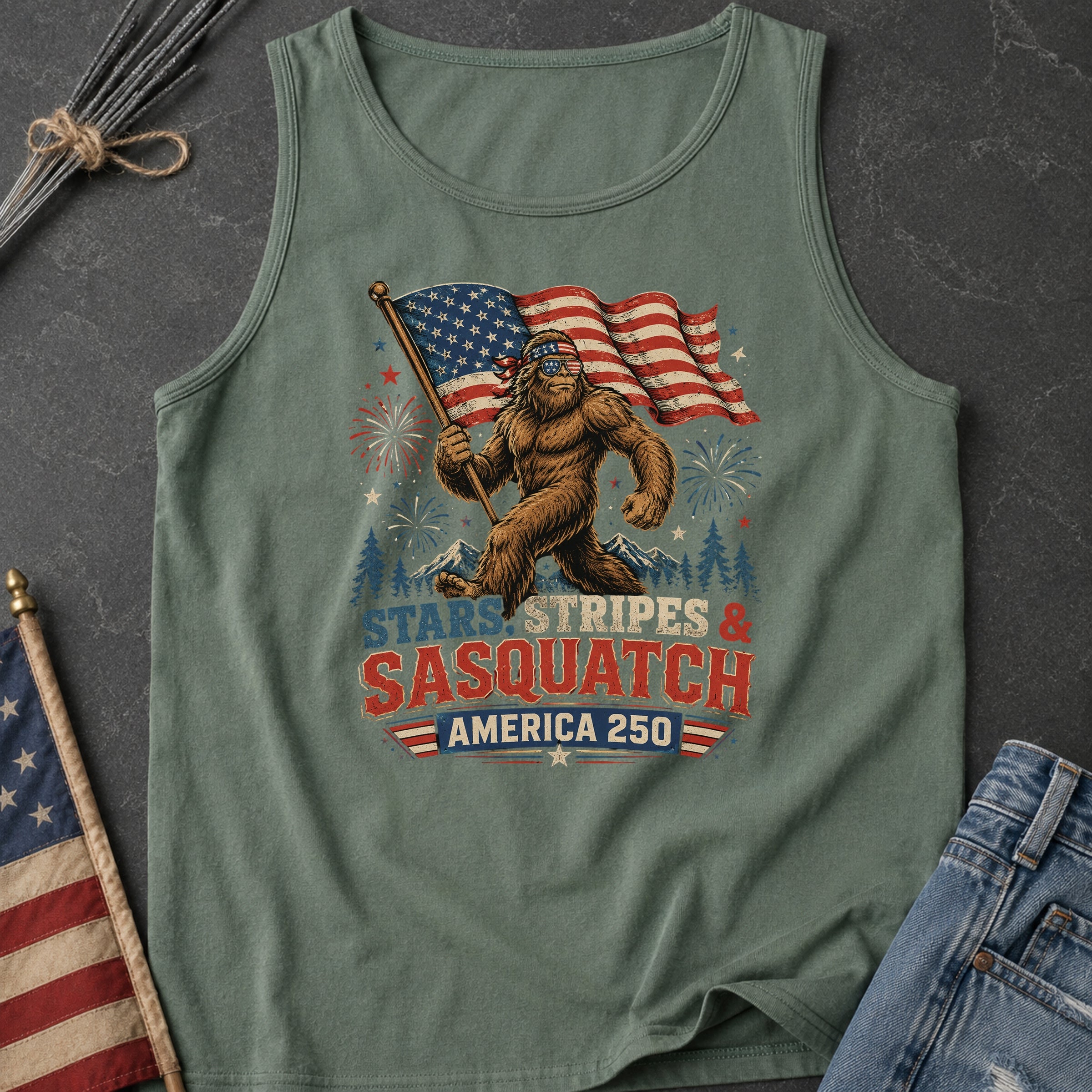 Stars, Stripes & Sasquatch T-Shirt, Patriotic America 250 Bigfoot Tank Top