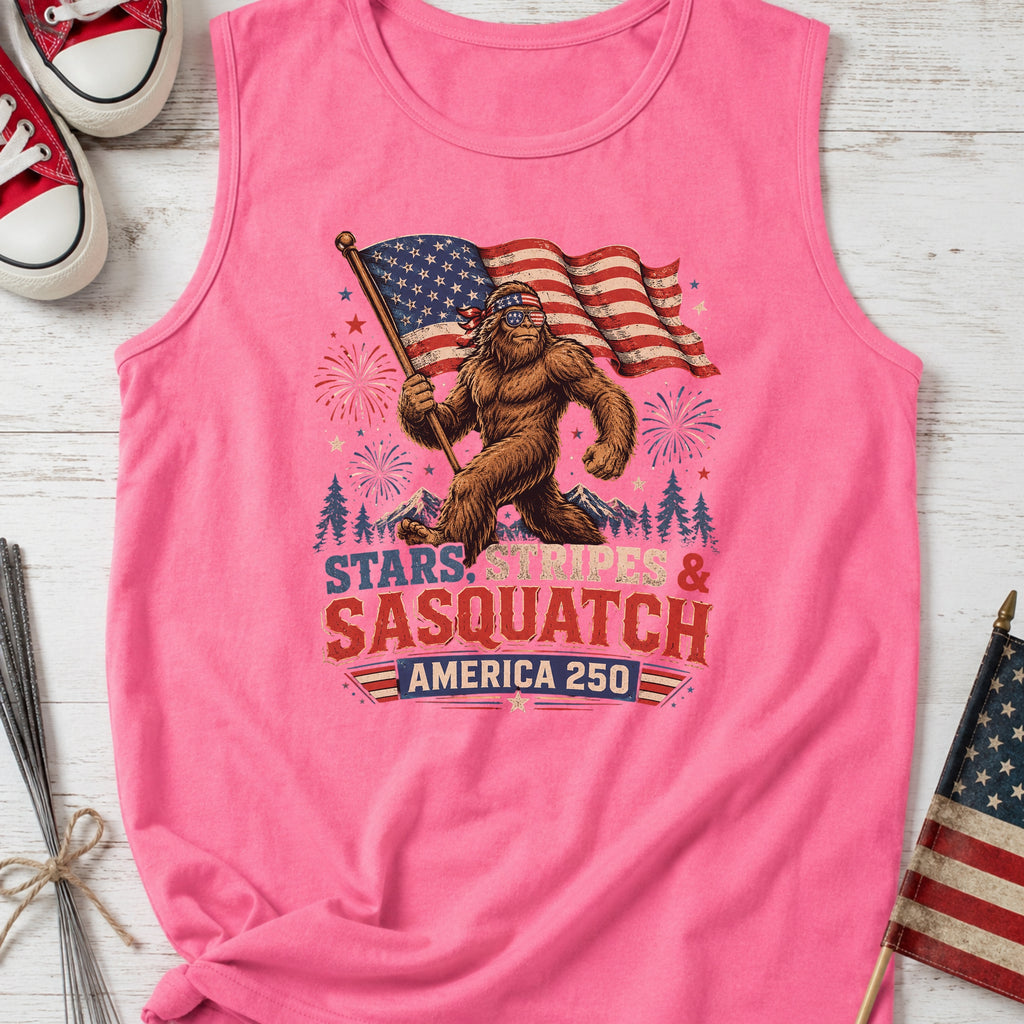 Stars, Stripes & Sasquatch T-Shirt, Patriotic America 250 Bigfoot Tank Top
