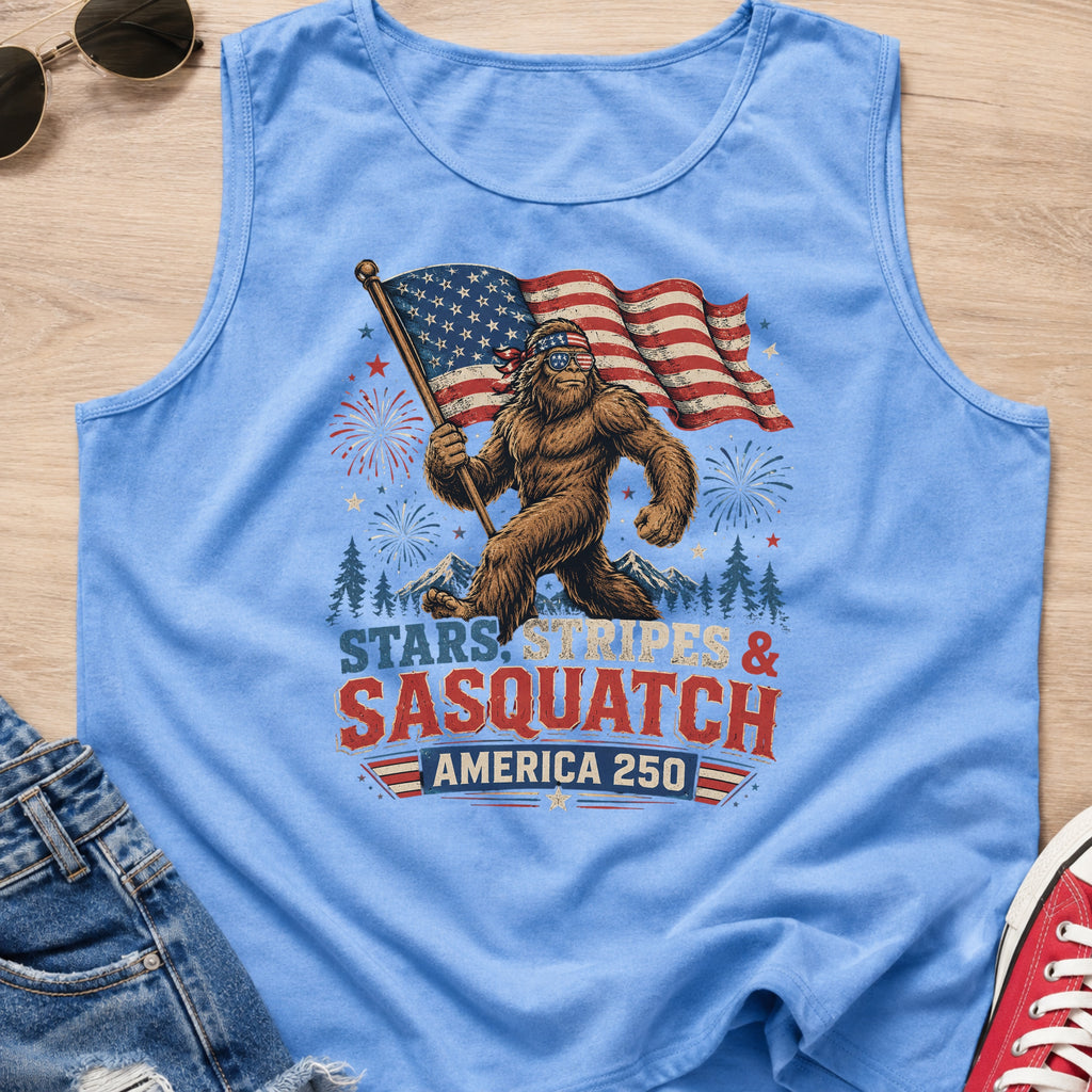 Stars, Stripes & Sasquatch T-Shirt, Patriotic America 250 Bigfoot Tank Top