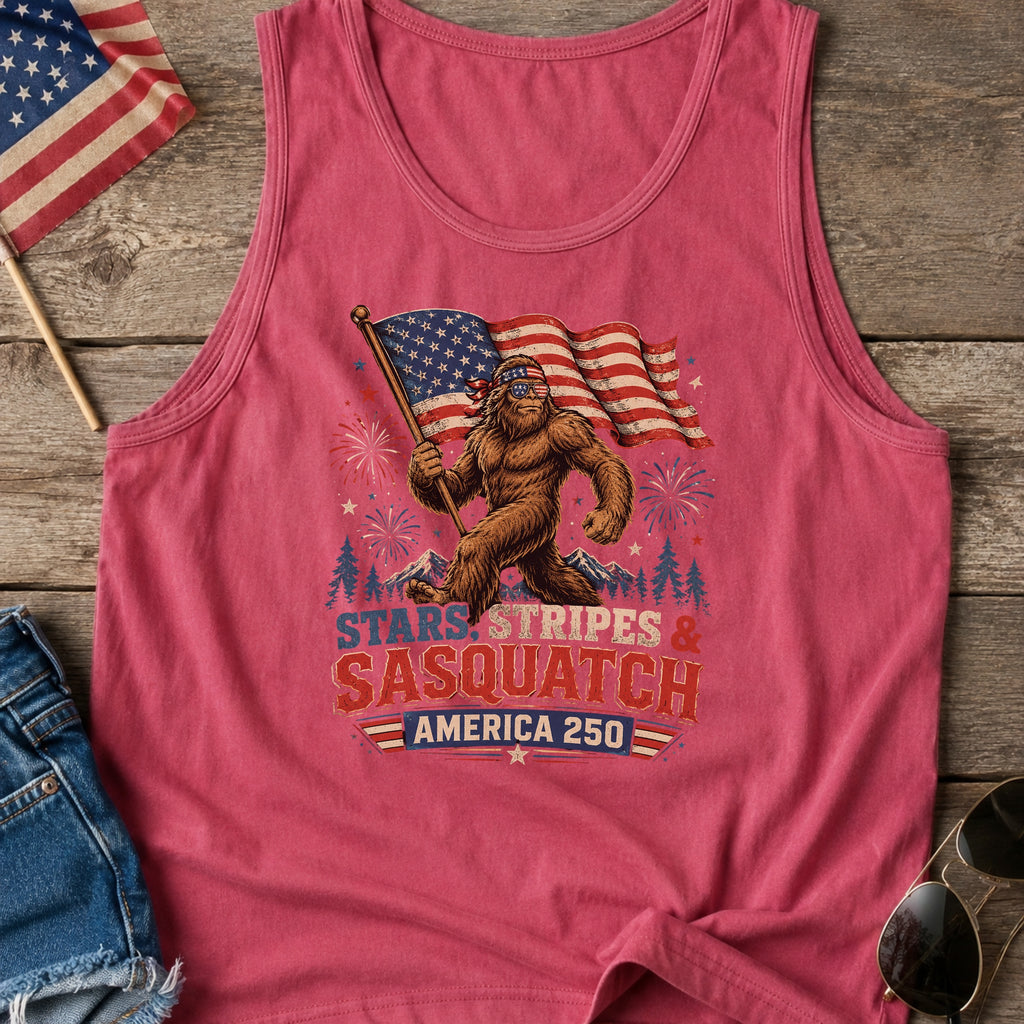 Stars, Stripes & Sasquatch T-Shirt, Patriotic America 250 Bigfoot Tank Top
