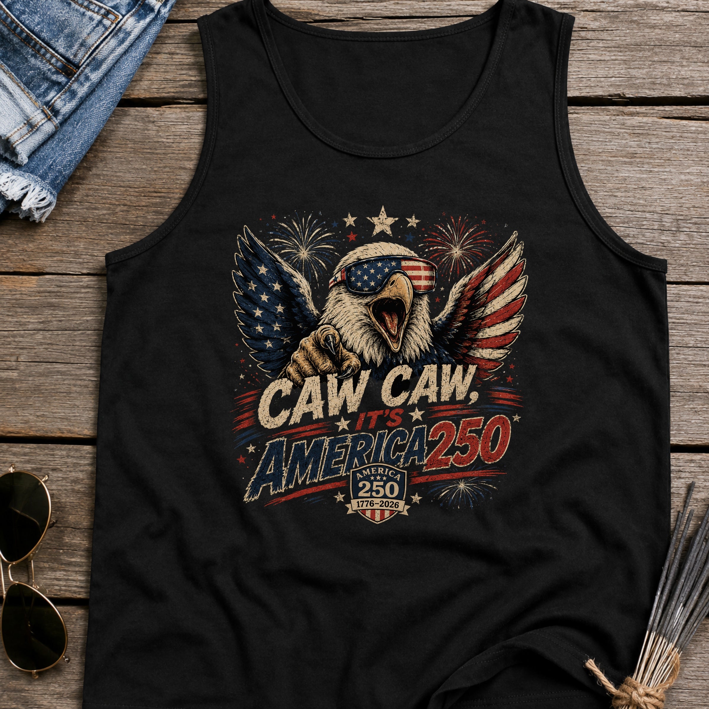 Patriotic Eagle Tank Top — “Caw Caw It's America 250” Vintage Fourth of July Shirt