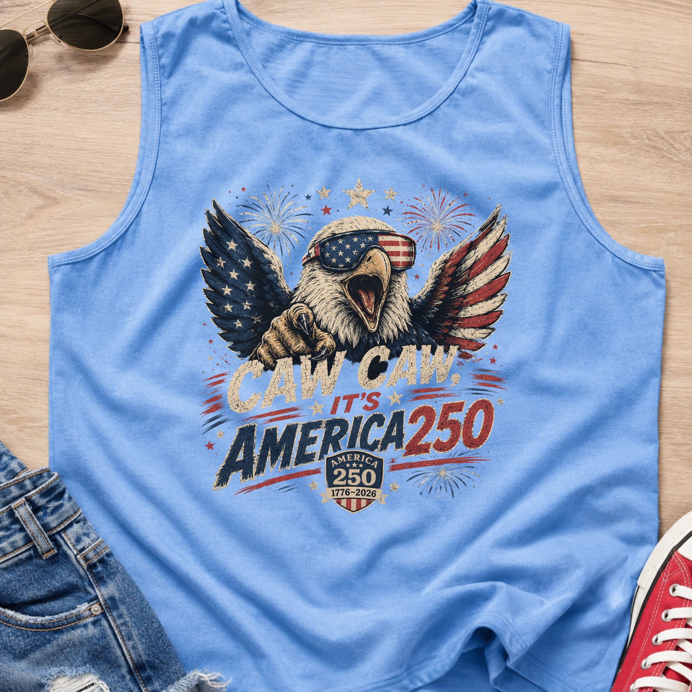 Patriotic Eagle Tank Top — “Caw Caw It's America 250” Vintage Fourth of July Shirt