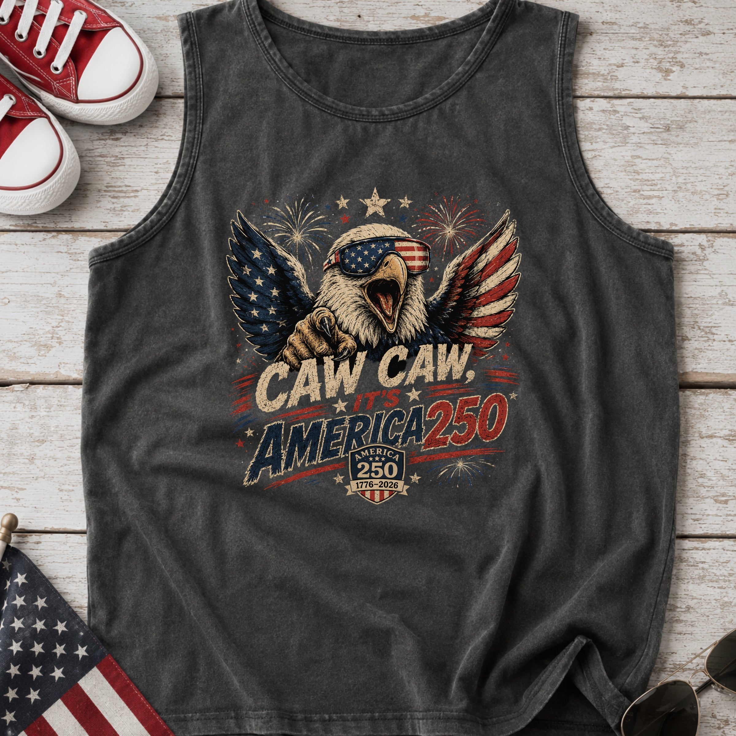 Patriotic Eagle Tank Top — “Caw Caw It's America 250” Vintage Fourth of July Shirt