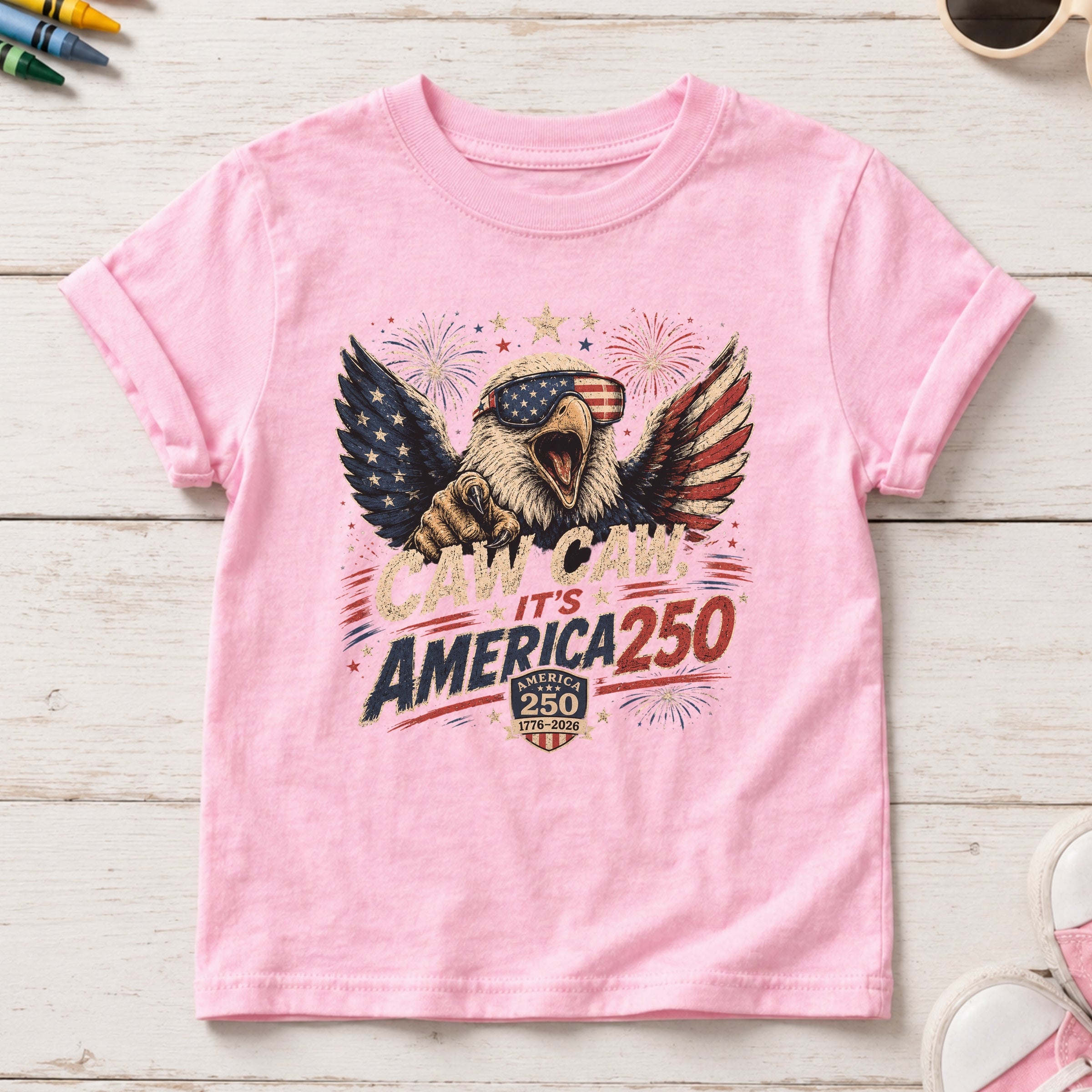 Patriotic Eagle Youth Tee — “Caw Caw It's America 250” Vintage Fourth of July Shirt