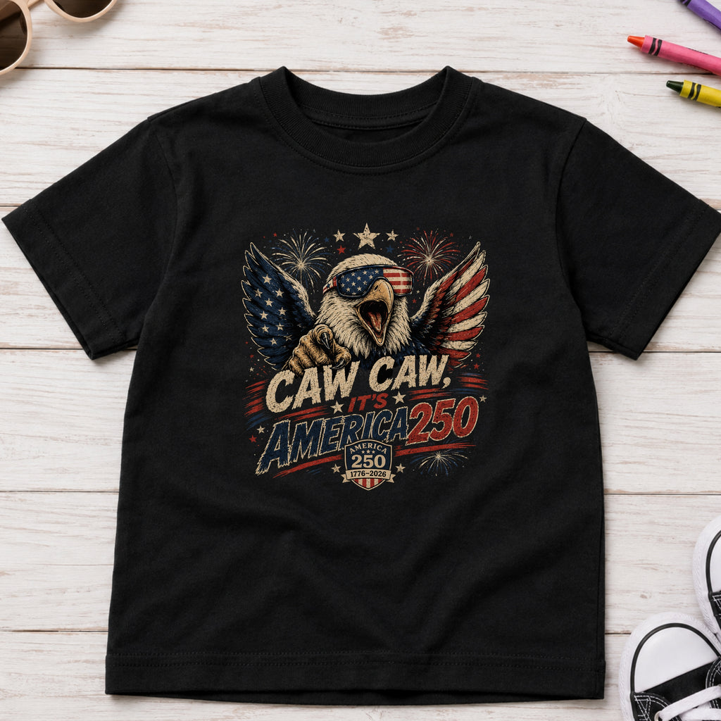 Patriotic Eagle Youth Tee — “Caw Caw It's America 250” Vintage Fourth of July Shirt