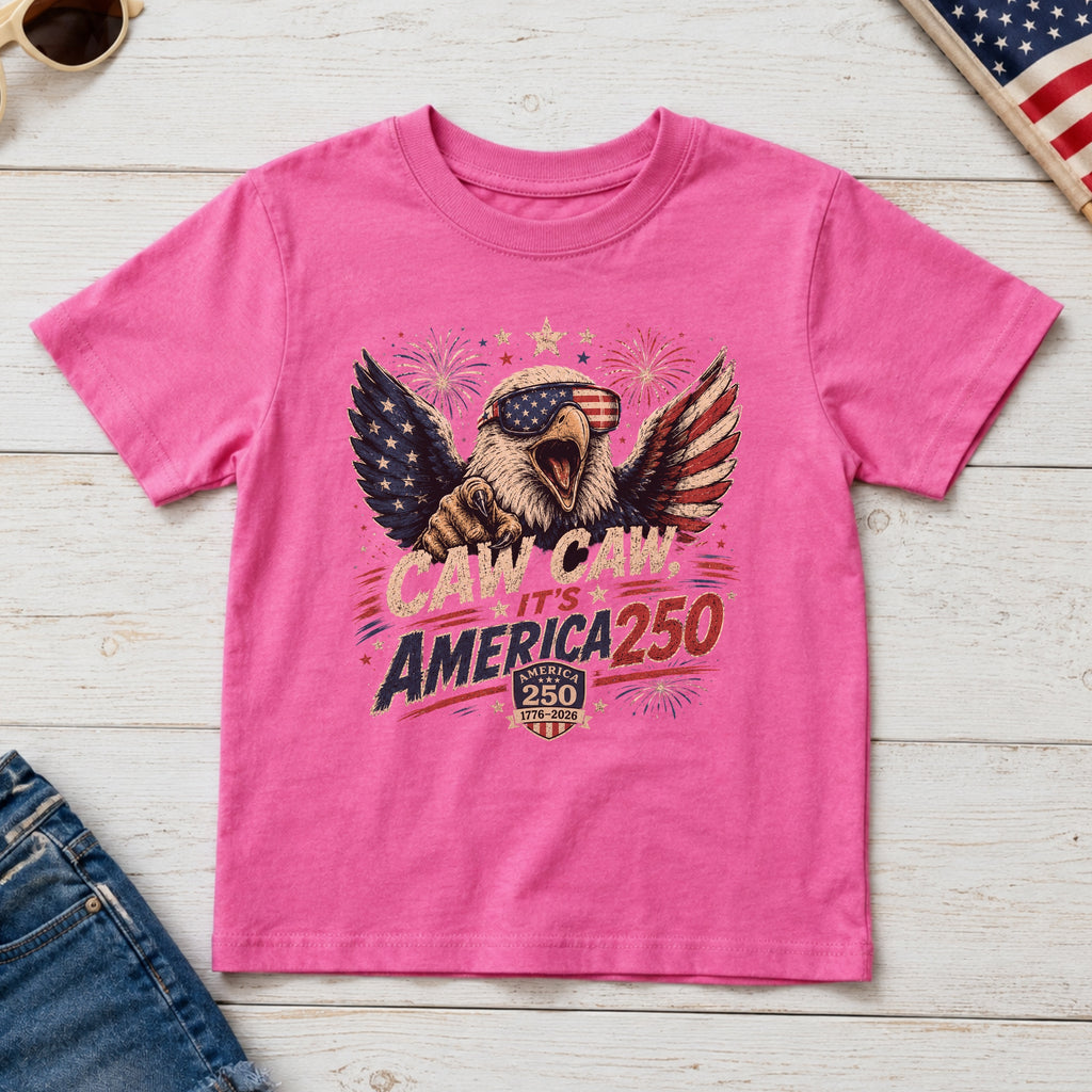 Patriotic Eagle Youth Tee — “Caw Caw It's America 250” Vintage Fourth of July Shirt