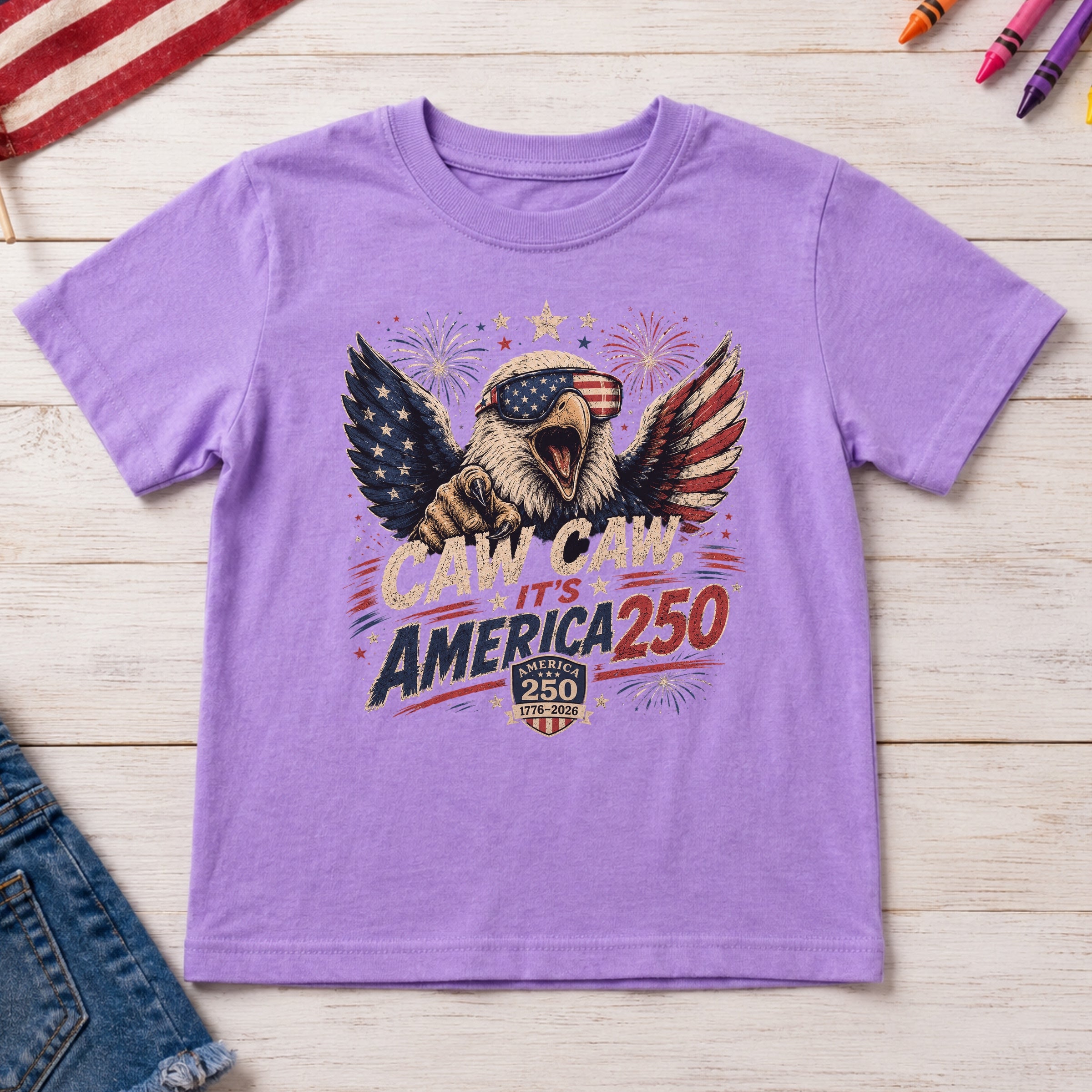 Patriotic Eagle Youth Tee — “Caw Caw It's America 250” Vintage Fourth of July Shirt