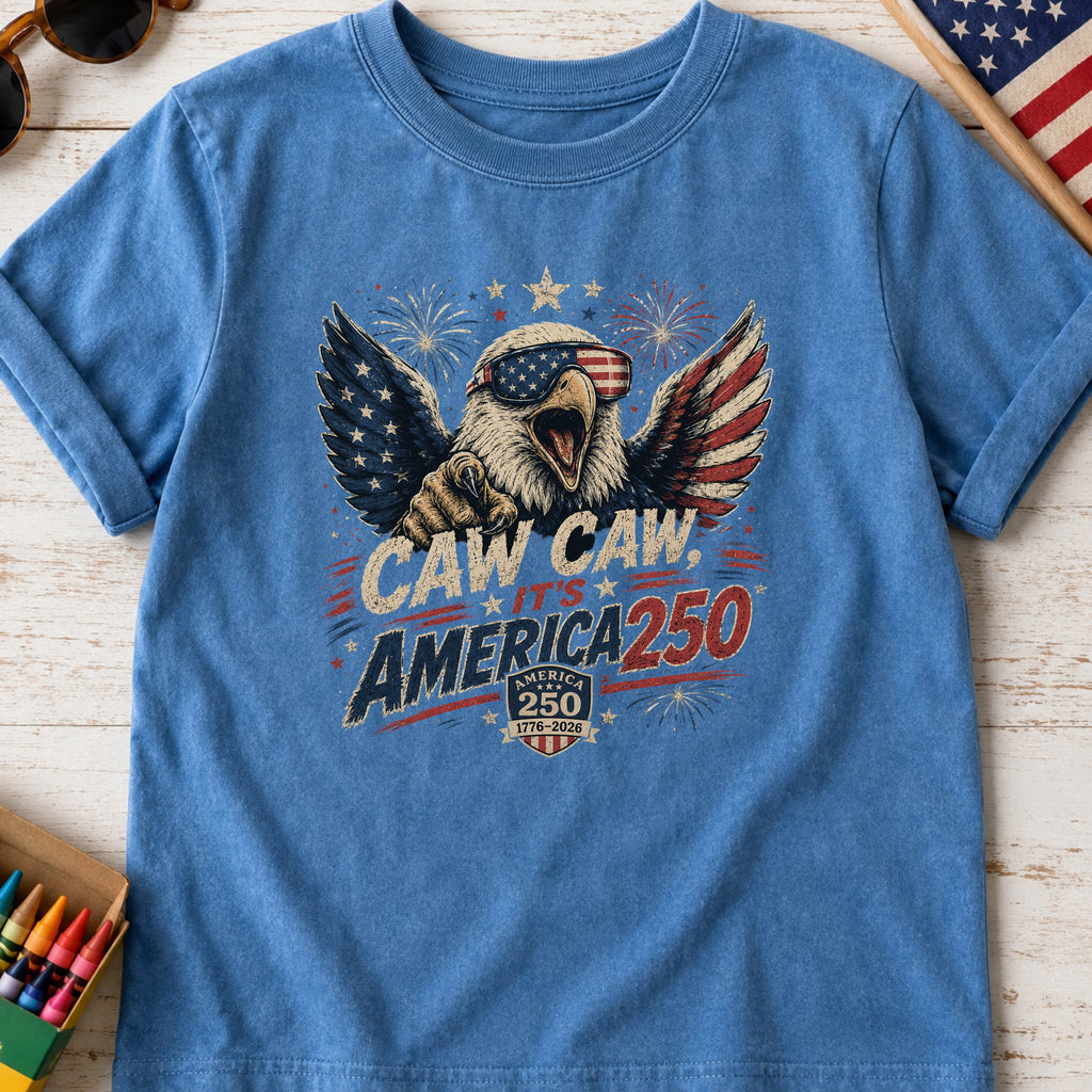 Patriotic Eagle Youth Tee — “Caw Caw It's America 250” Vintage Fourth of July Shirt