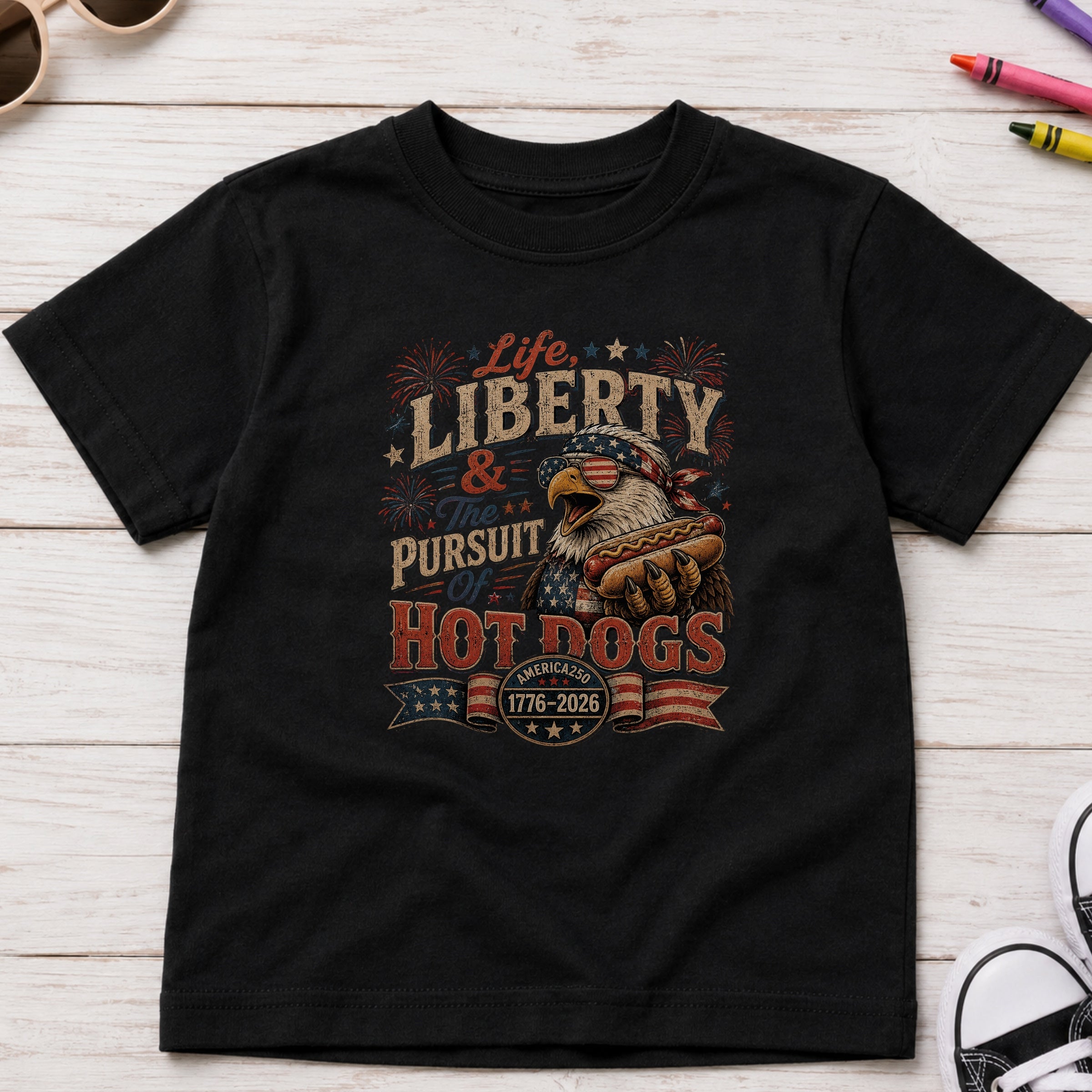 Life, Liberty & The Hot Dogs Patriotic Eagle BBQ America 250 Youth Tee