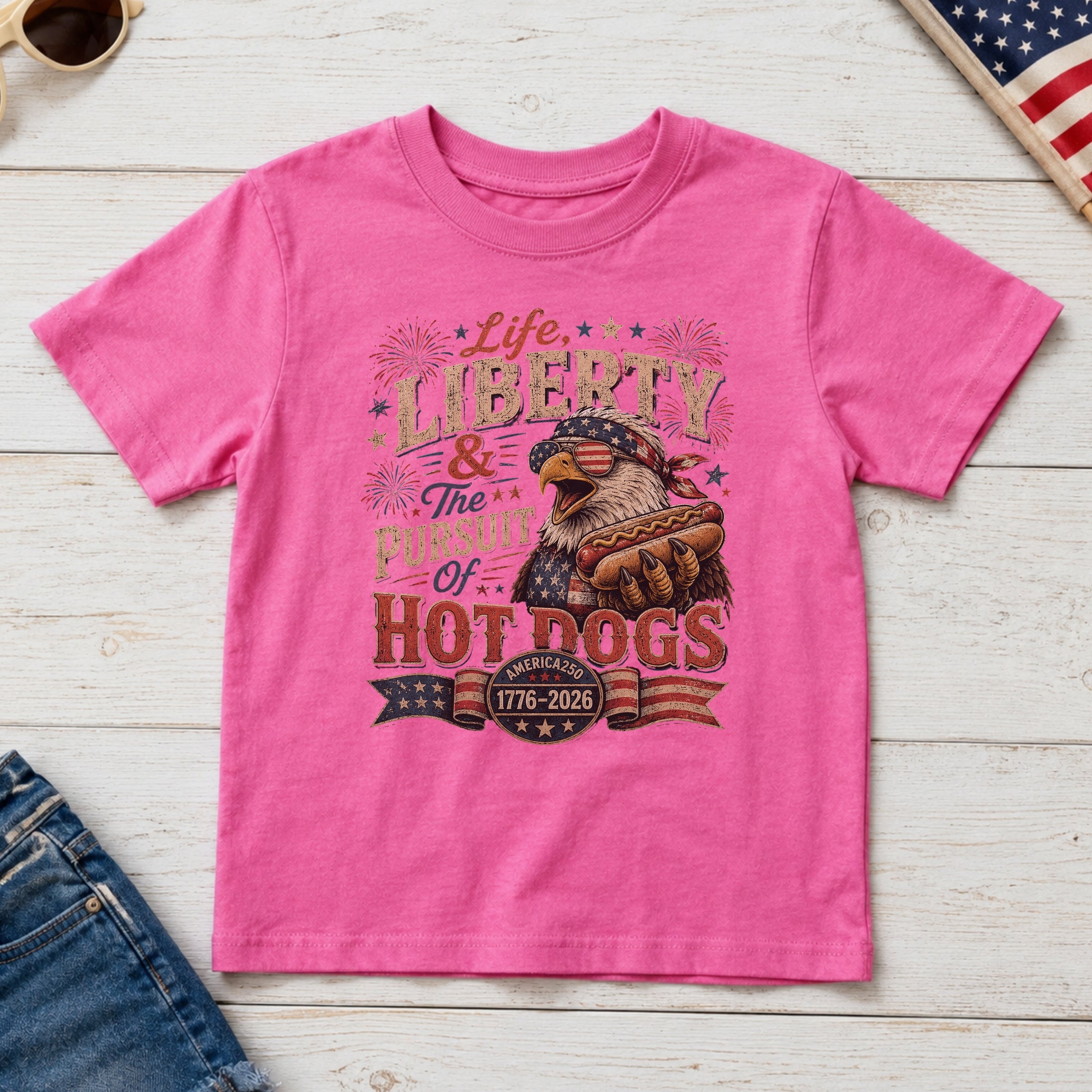 Life, Liberty & The Hot Dogs Patriotic Eagle BBQ America 250 Youth Tee