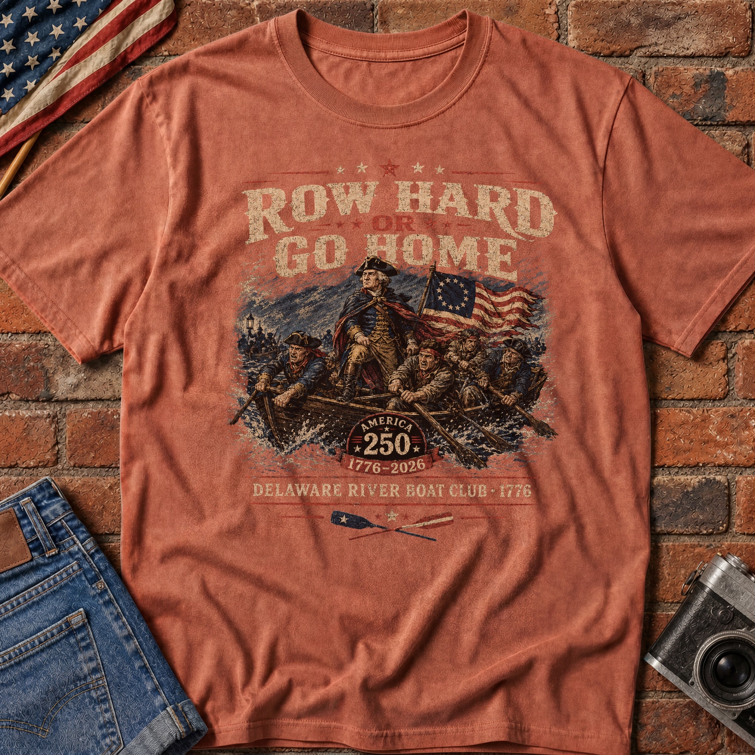 Row Hard or Go Home T-Shirt, Delaware Row Boat Club America 250 Tee