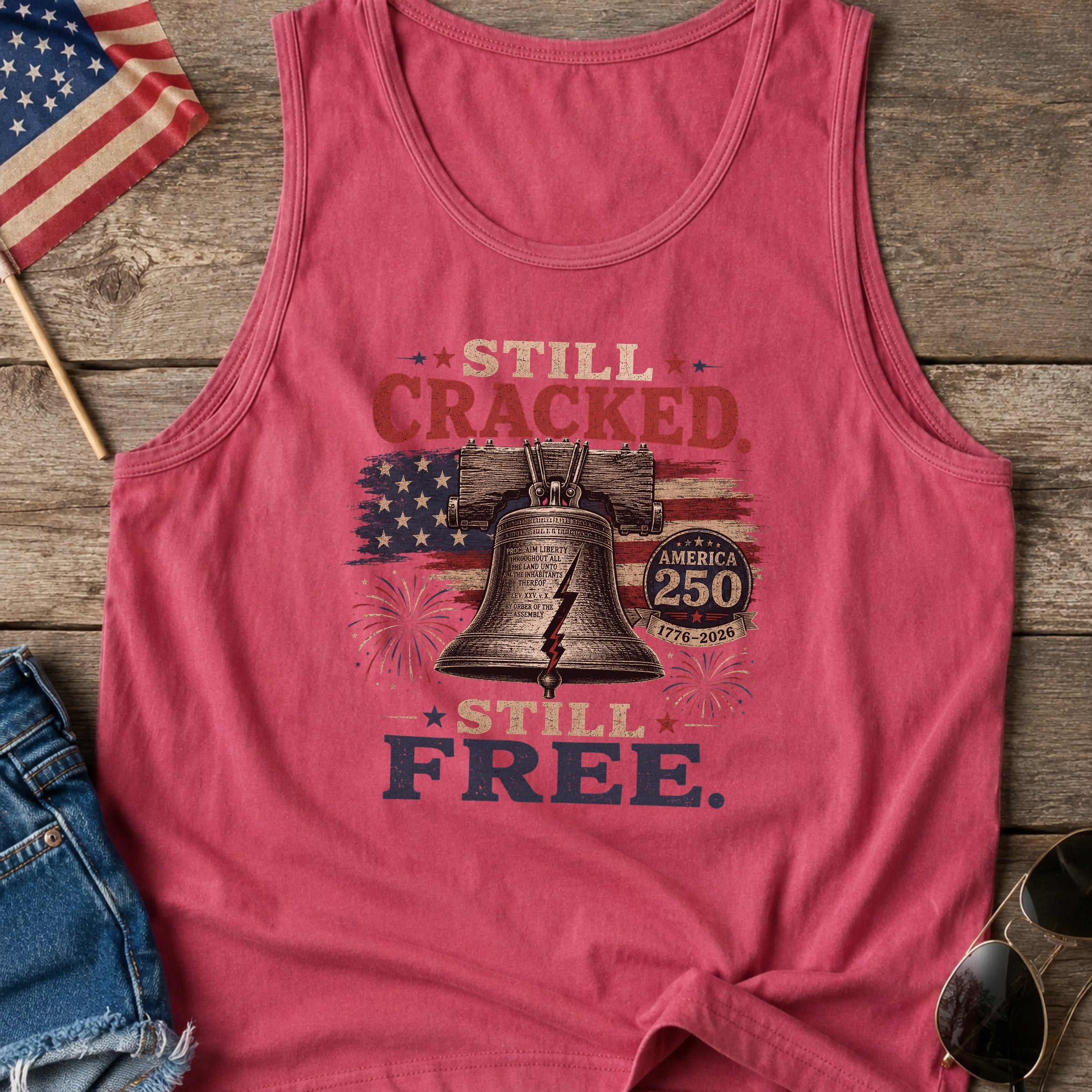Liberty Bell "Still Cracked, Still Free" Patriotic Tank Top, America 250