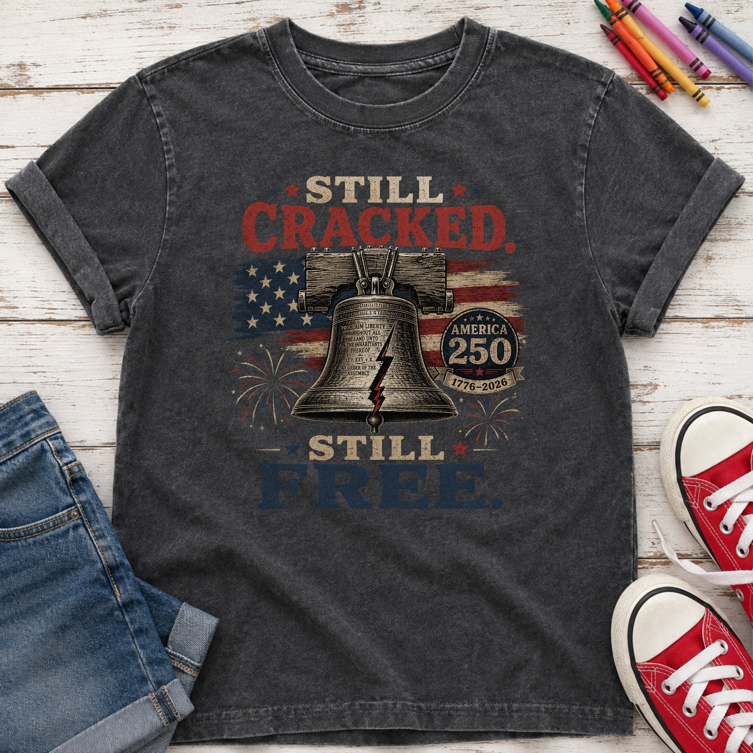 Liberty Bell "Still Cracked, Still Free" Patriotic Youth Tee, America 250