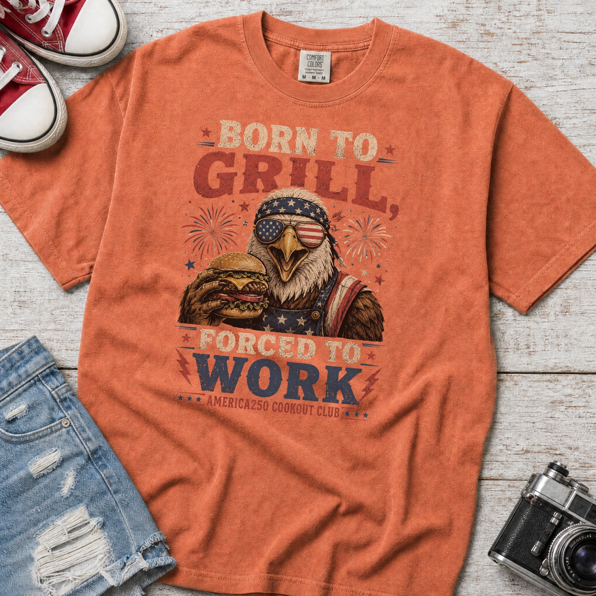 Born to Grill Forced to Work Patriotic BBQ T-Shirt — America 250