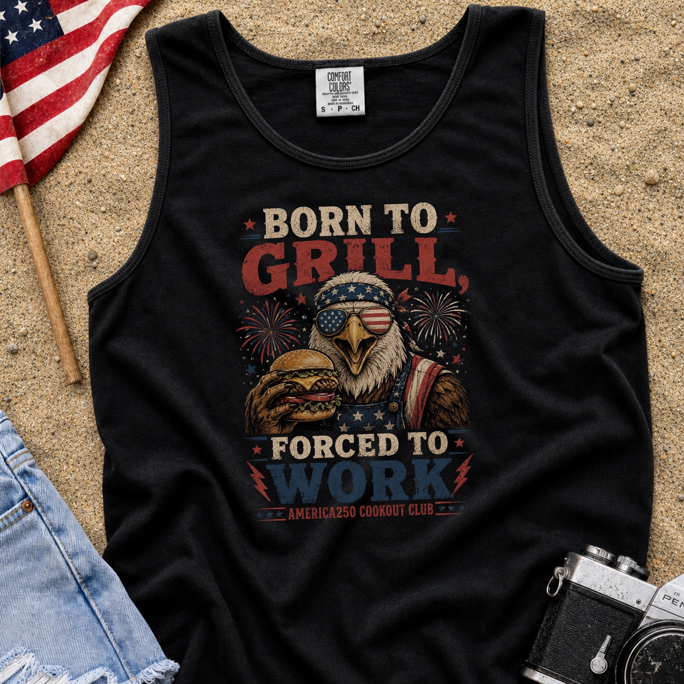 Born to Grill Forced to Work Patriotic BBQ Tank Top, America 250