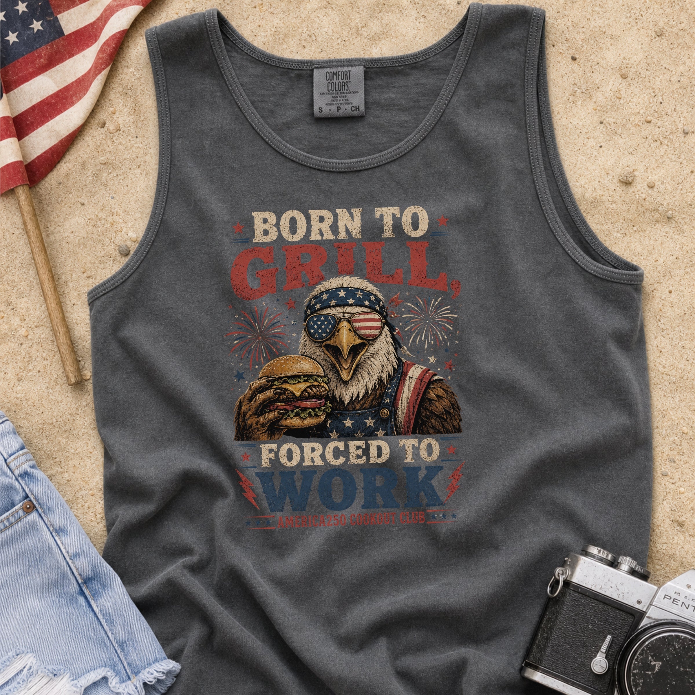 Born to Grill Forced to Work Patriotic BBQ Tank Top, America 250