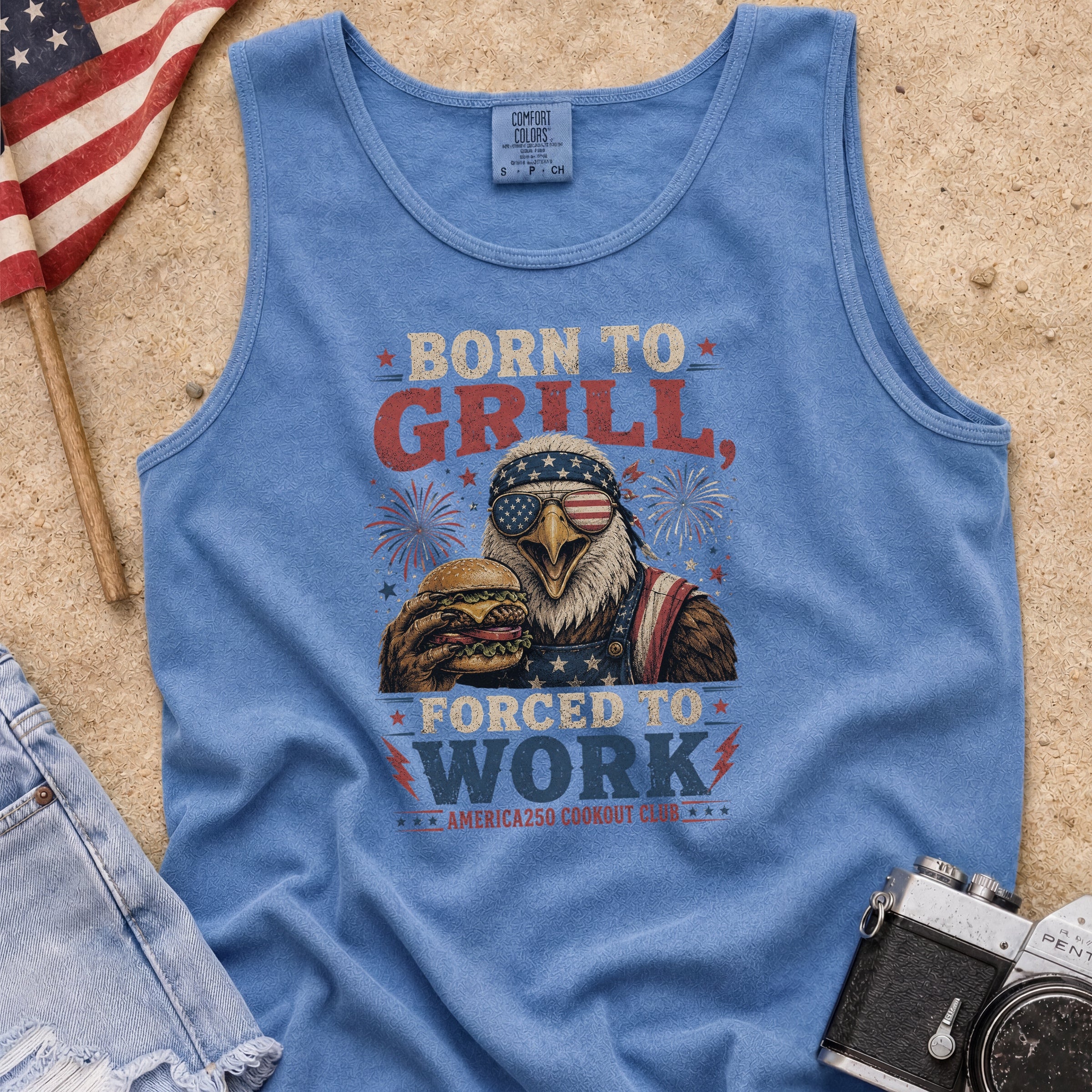 Born to Grill Forced to Work Patriotic BBQ Tank Top, America 250