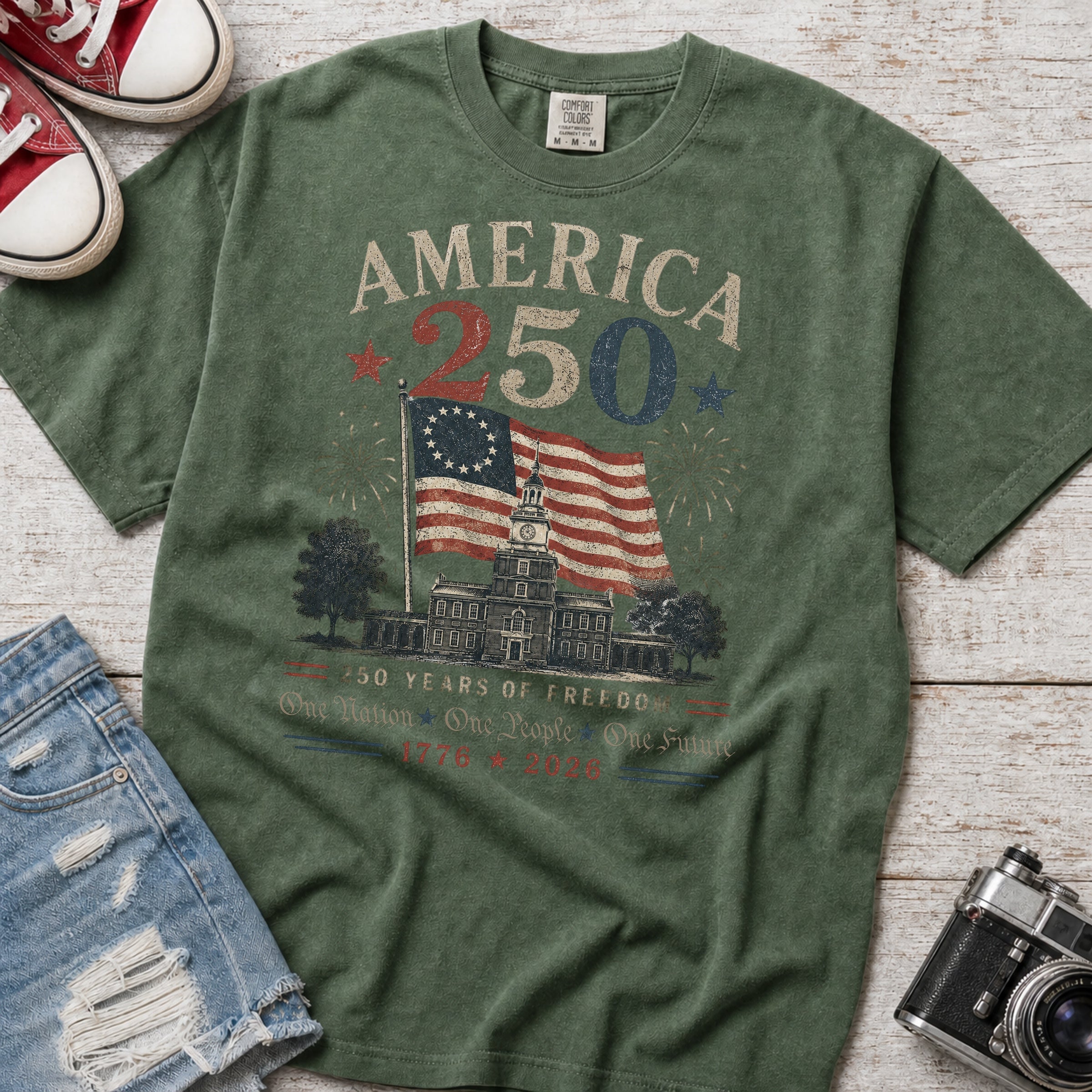 America 250 Anniversary T-Shirt, 1776–2026 Flag Heritage Tee, One Nation One People One Future Main image