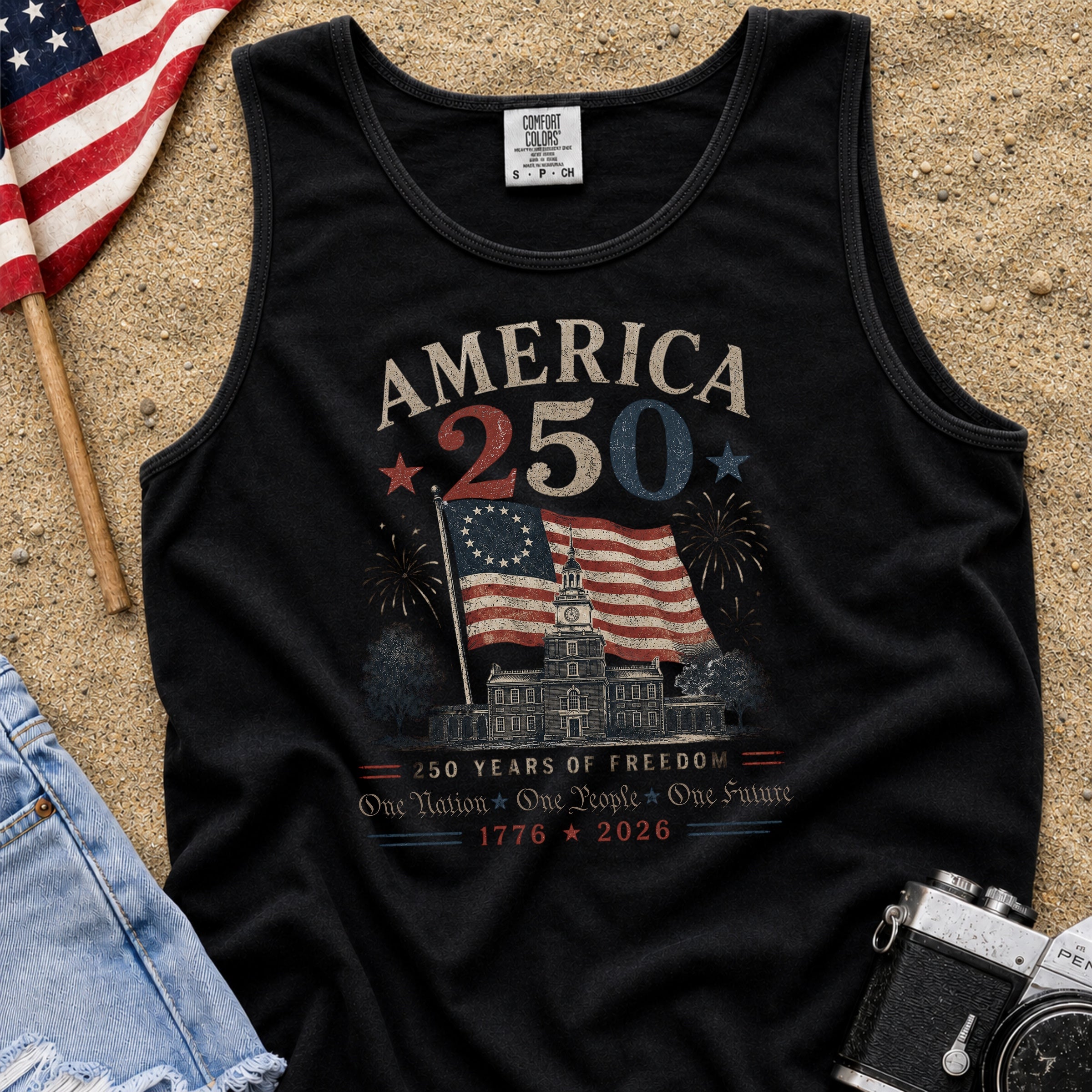 America 250 Vintage Flag Tank Top, 1776–2026 Flag Heritage Tee, One Nation One People One Future Main image