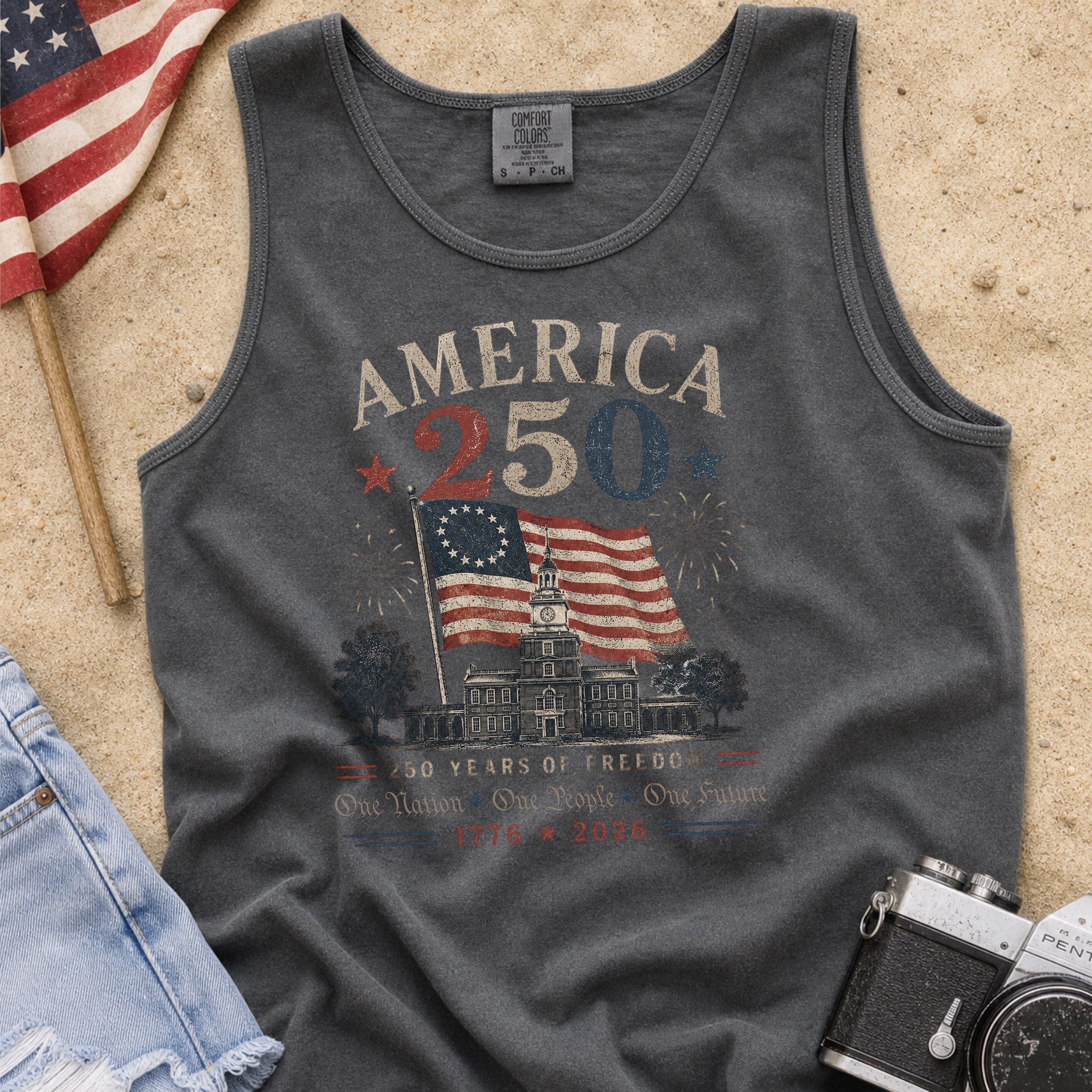 America 250 Vintage Flag Tank Top, 1776–2026 Flag Heritage Tee, One Nation One People One Future Secondary image