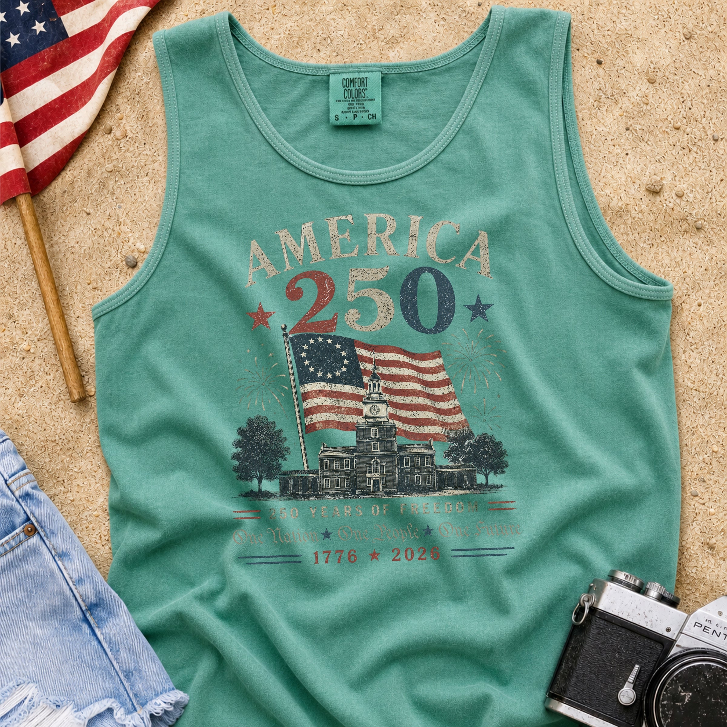 America 250 Vintage Flag Tank Top, 1776–2026 Flag Heritage Tee, One Nation One People One Future