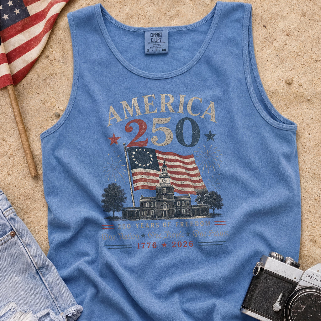 America 250 Vintage Flag Tank Top, 1776–2026 Flag Heritage Tee, One Nation One People One Future