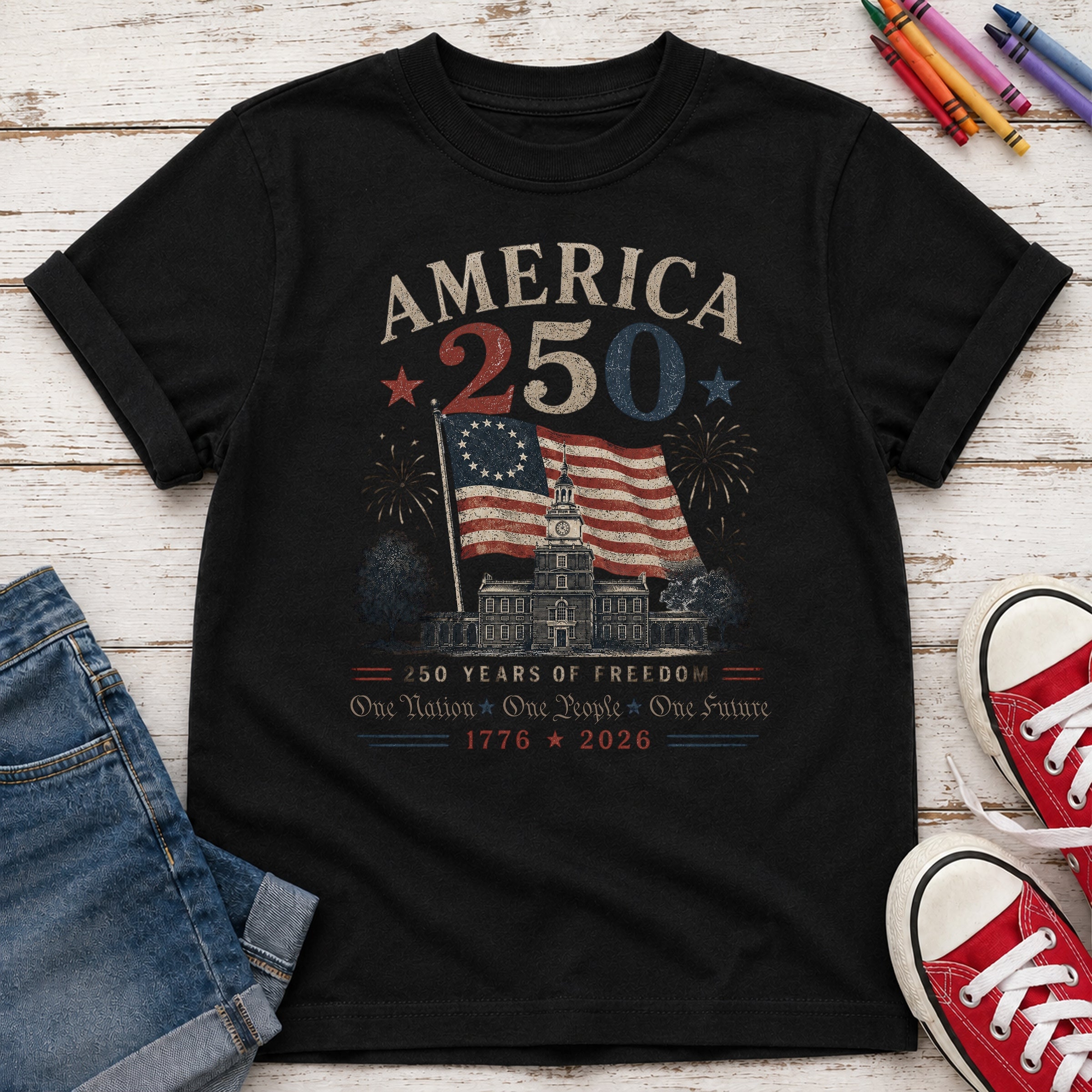 America 250 Vintage Flag Youth Top, 1776–2026 Flag Heritage Tee, One Nation One People One Future