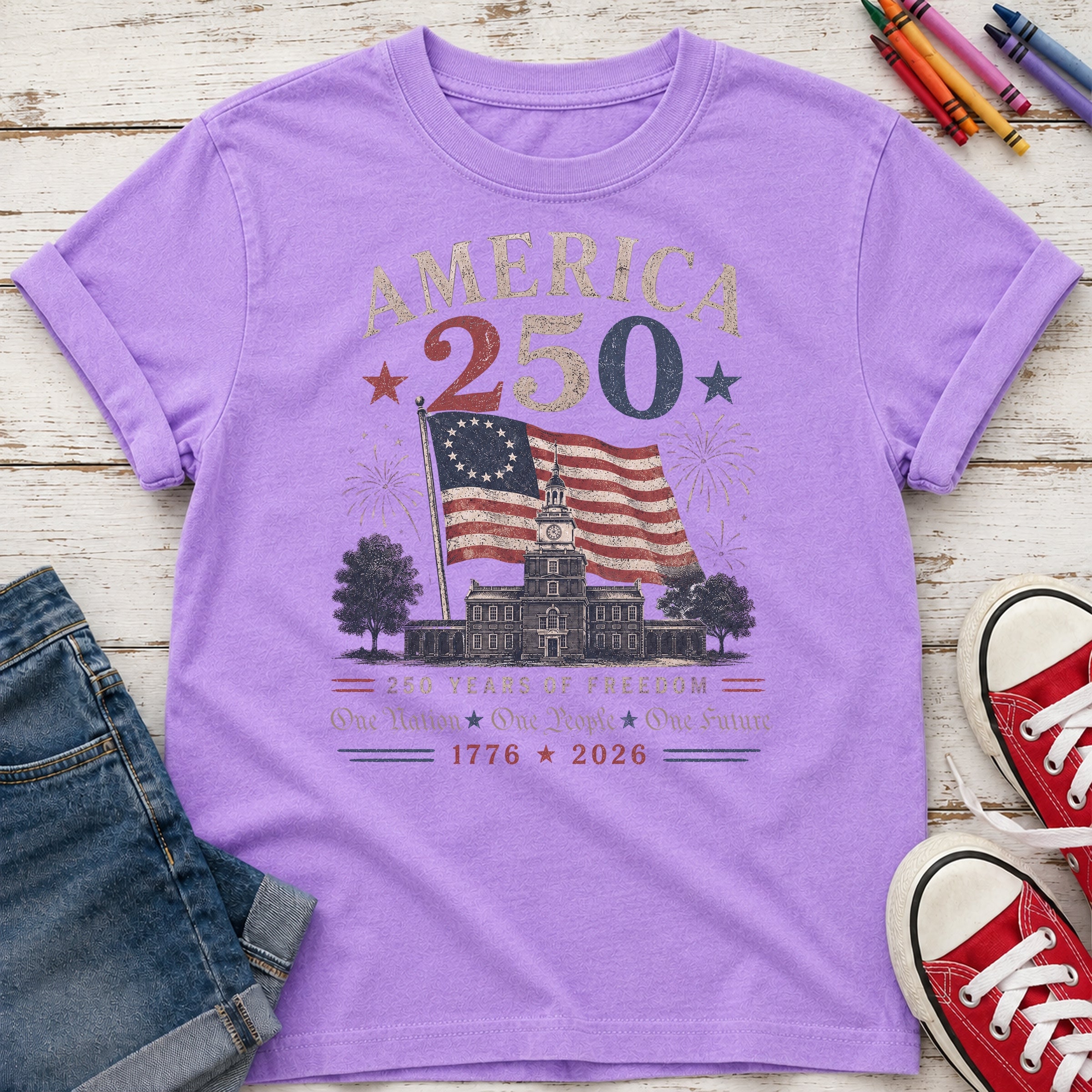 America 250 Vintage Flag Youth Top, 1776–2026 Flag Heritage Tee, One Nation One People One Future