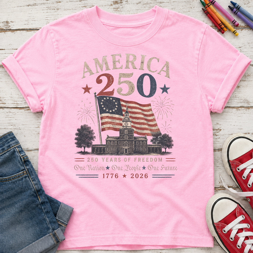America 250 Vintage Flag Youth Top, 1776–2026 Flag Heritage Tee, One Nation One People One Future