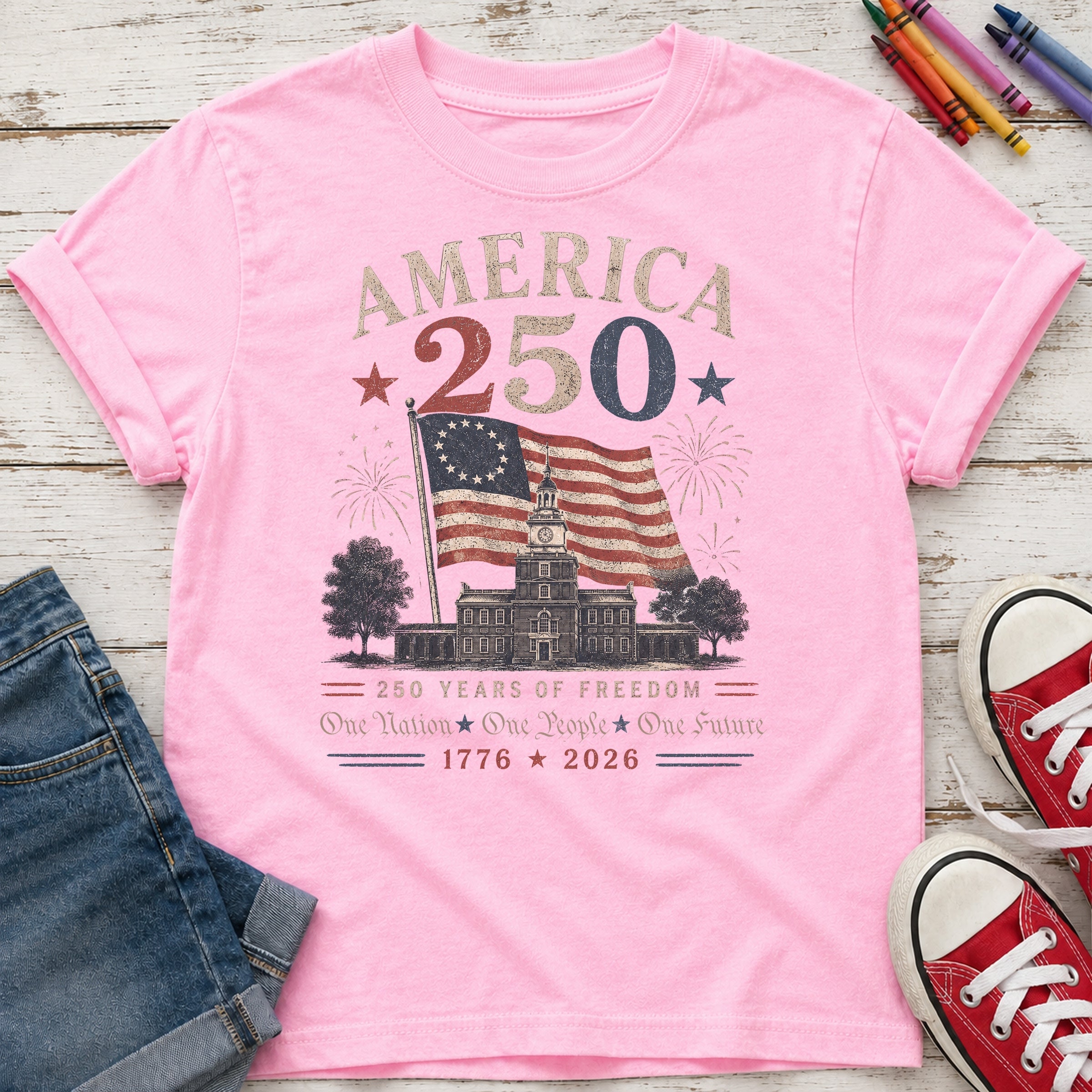 America 250 Vintage Flag Youth Top, 1776–2026 Flag Heritage Tee, One Nation One People One Future