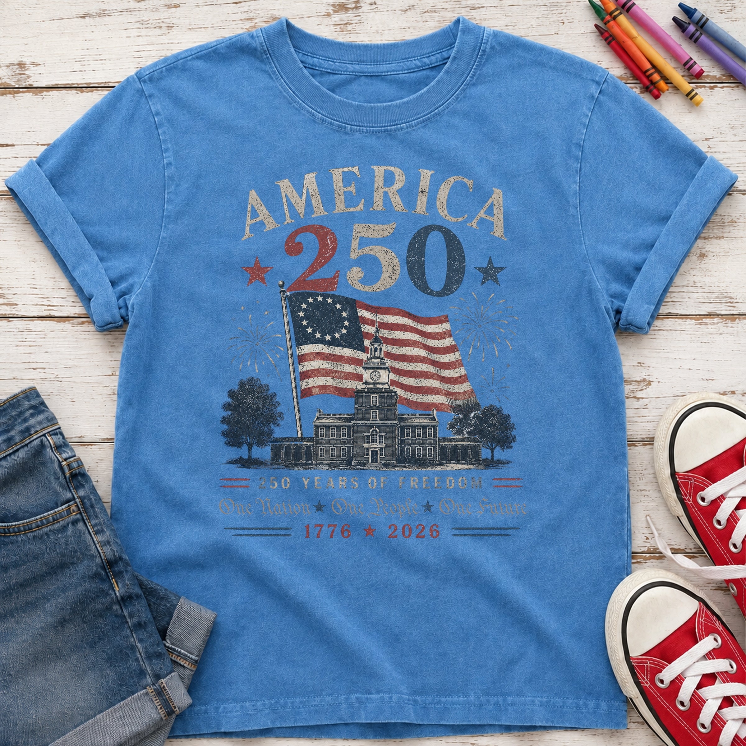 America 250 Vintage Flag Youth Top, 1776–2026 Flag Heritage Tee, One Nation One People One Future