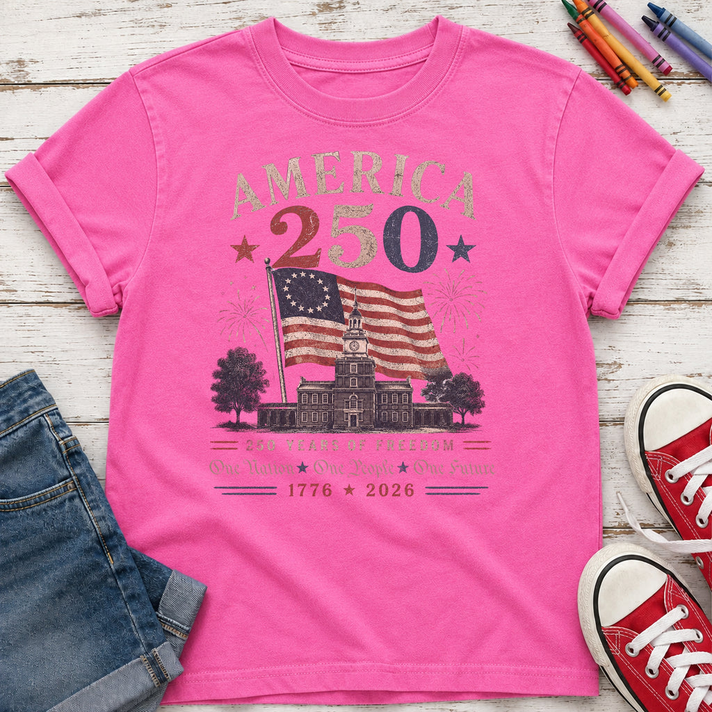 America 250 Vintage Flag Youth Top, 1776–2026 Flag Heritage Tee, One Nation One People One Future