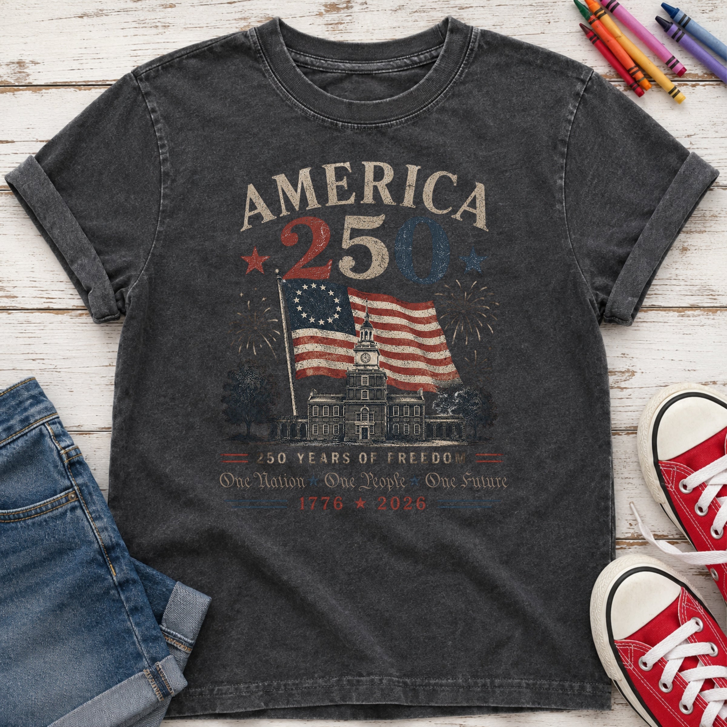 America 250 Vintage Flag Youth Top, 1776–2026 Flag Heritage Tee, One Nation One People One Future