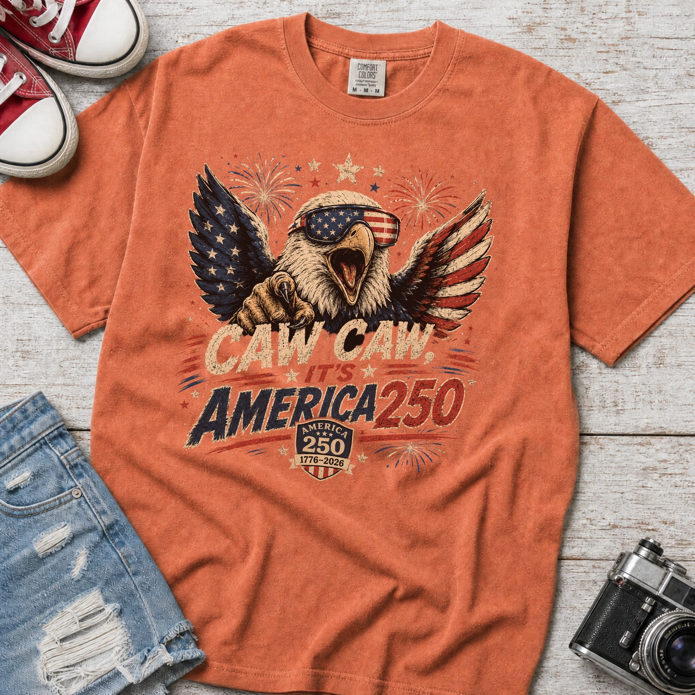 Patriotic Eagle T-Shirt — “Caw Caw It's America 250” Vintage Fourth of July Tee