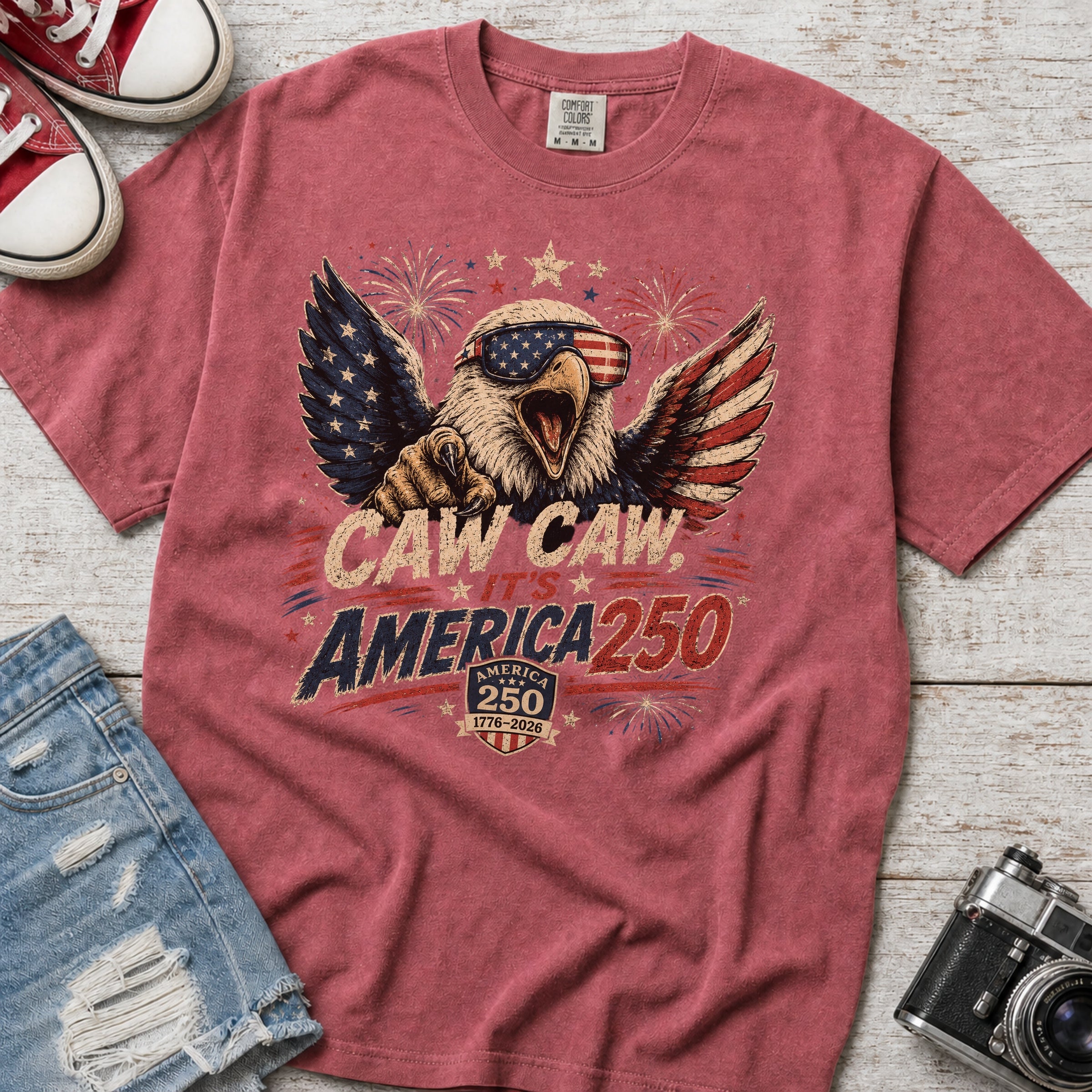 Patriotic Eagle T-Shirt — “Caw Caw It's America 250” Vintage Fourth of July Tee